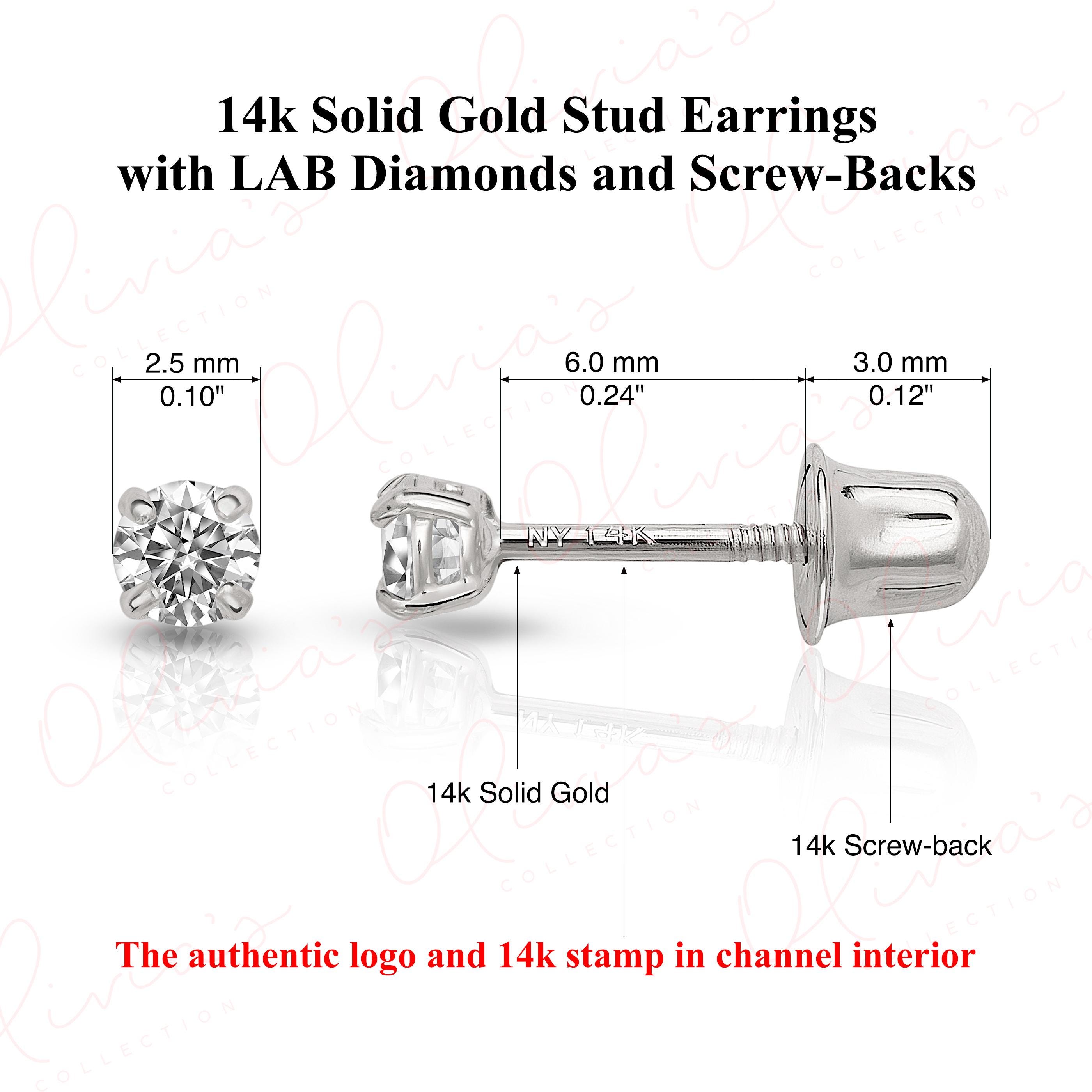 14K Solid Gold Lab-Grown Diamond Stud Earrings with Screw Backs, White or Yellow