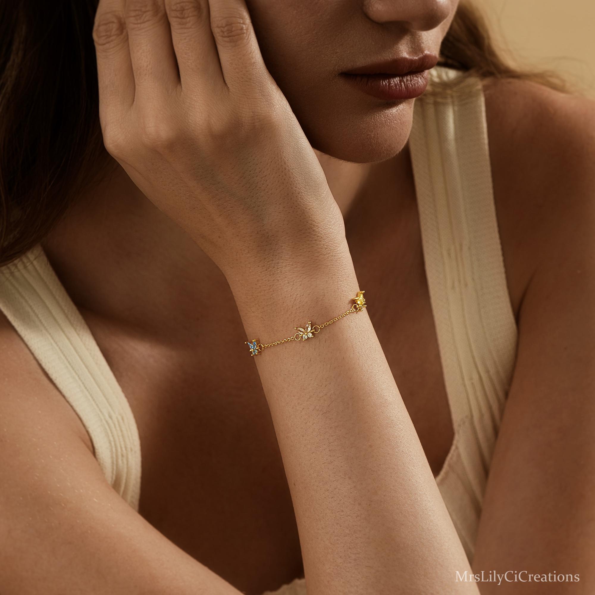Custom Butterfly Birthstone Bracelet in Silver or 18K Gold Plate