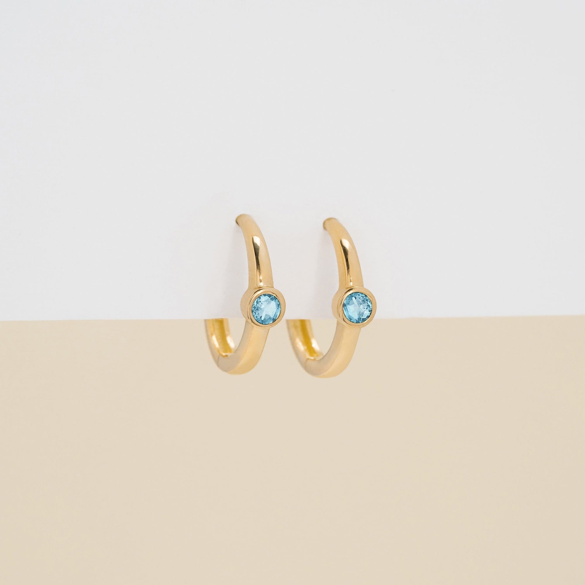 14K Solid Gold Aquamarine Huggie Hoop Earrings with Bezel Setting