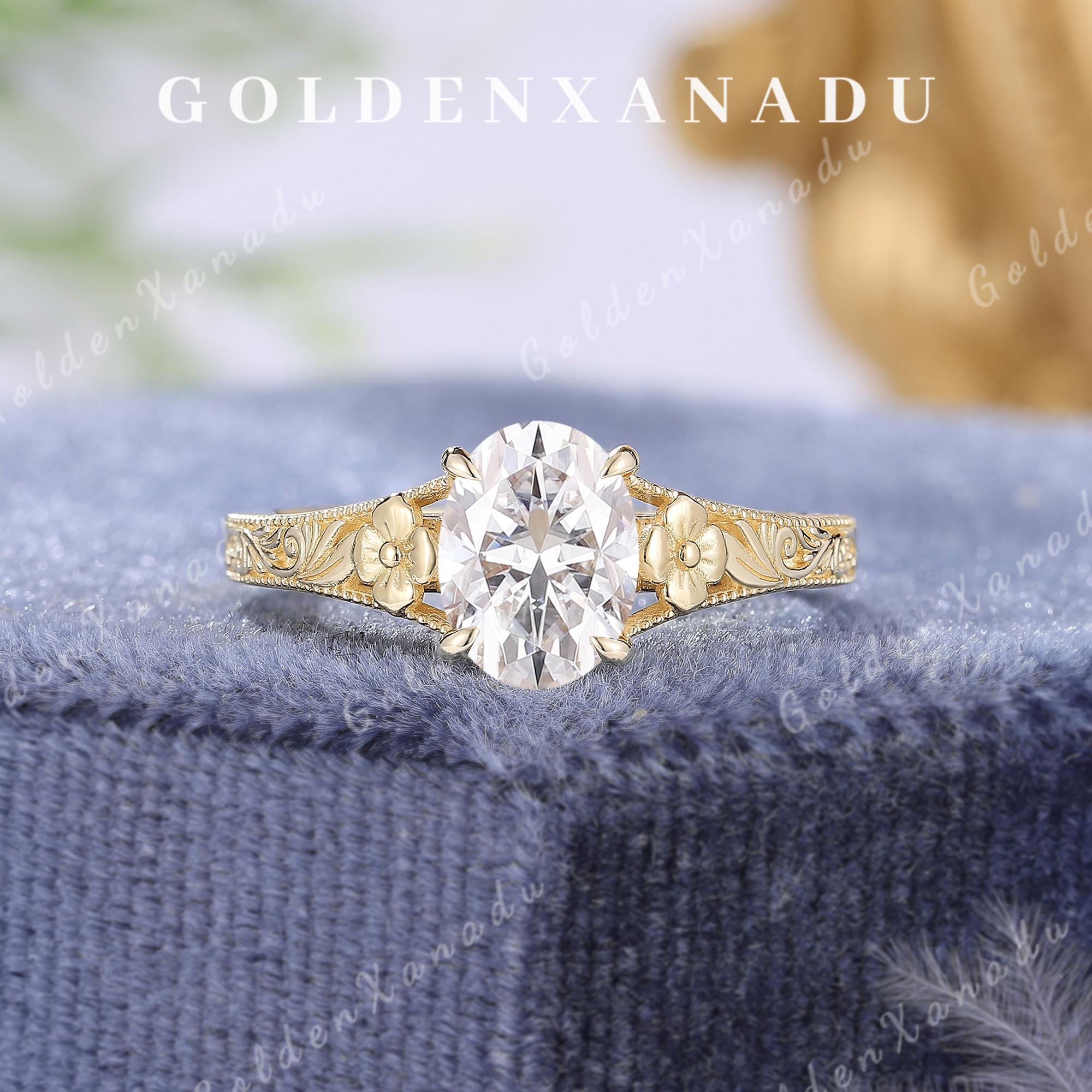 Vintage Floral Moissanite Engagement Ring, Oval Cut