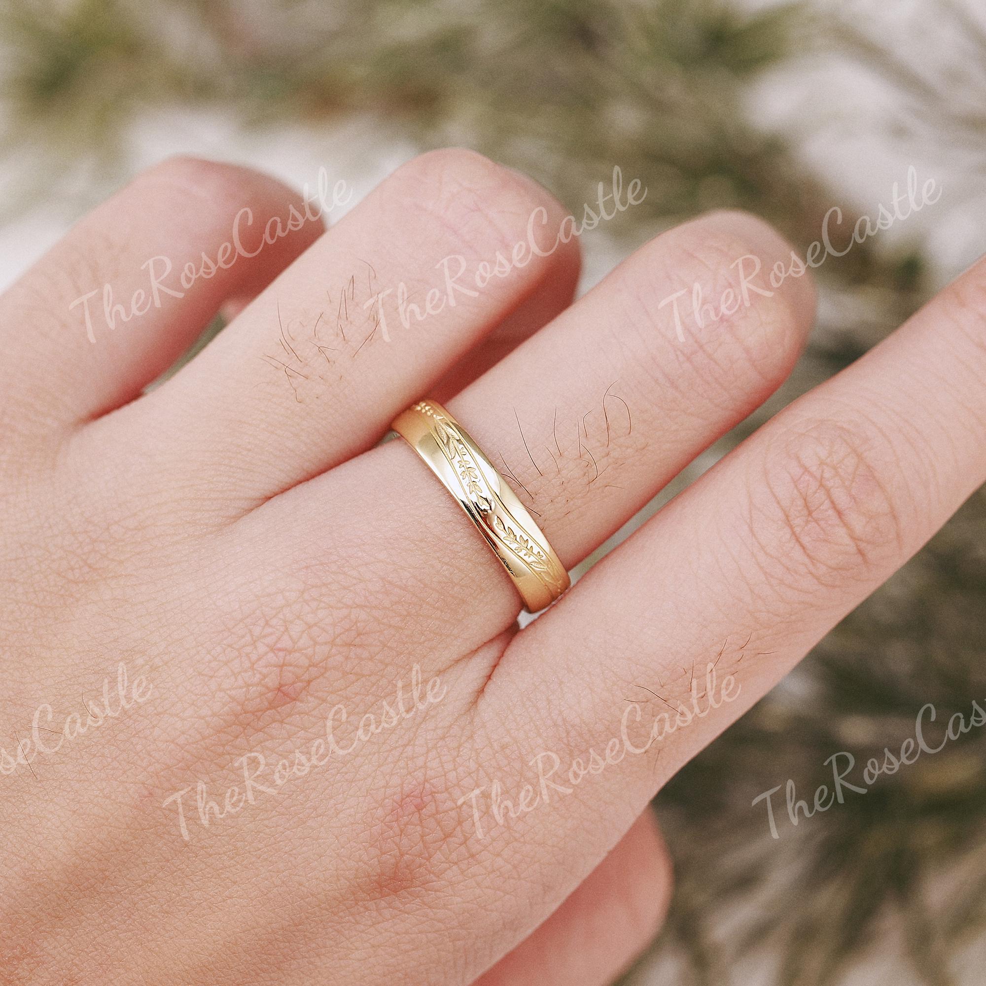 4.3mm Engraved Lavender Gold Wedding Band, Half Eternity Men's Ring