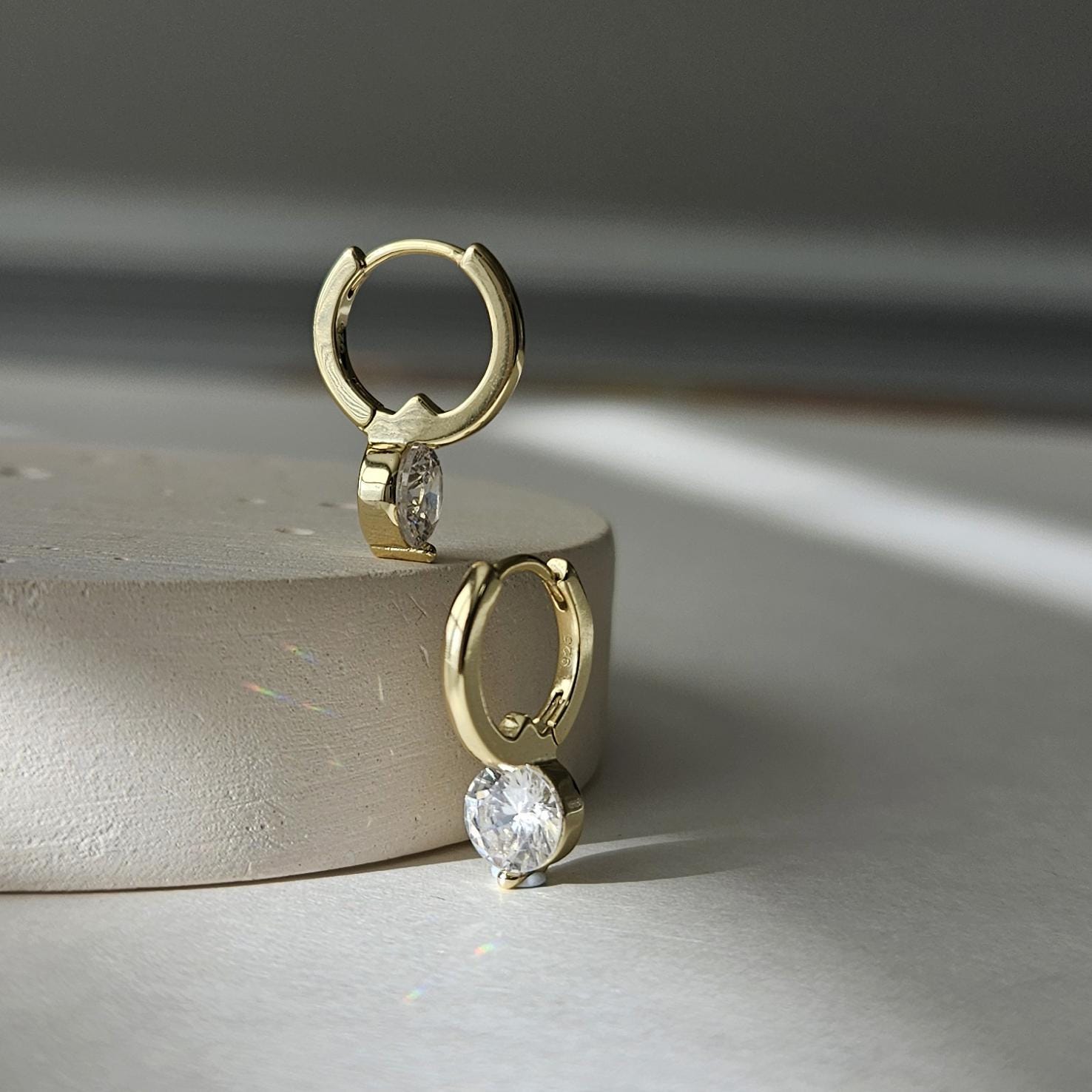 Round Cut Solitaire Drop Huggie Earrings in Gold or Silver