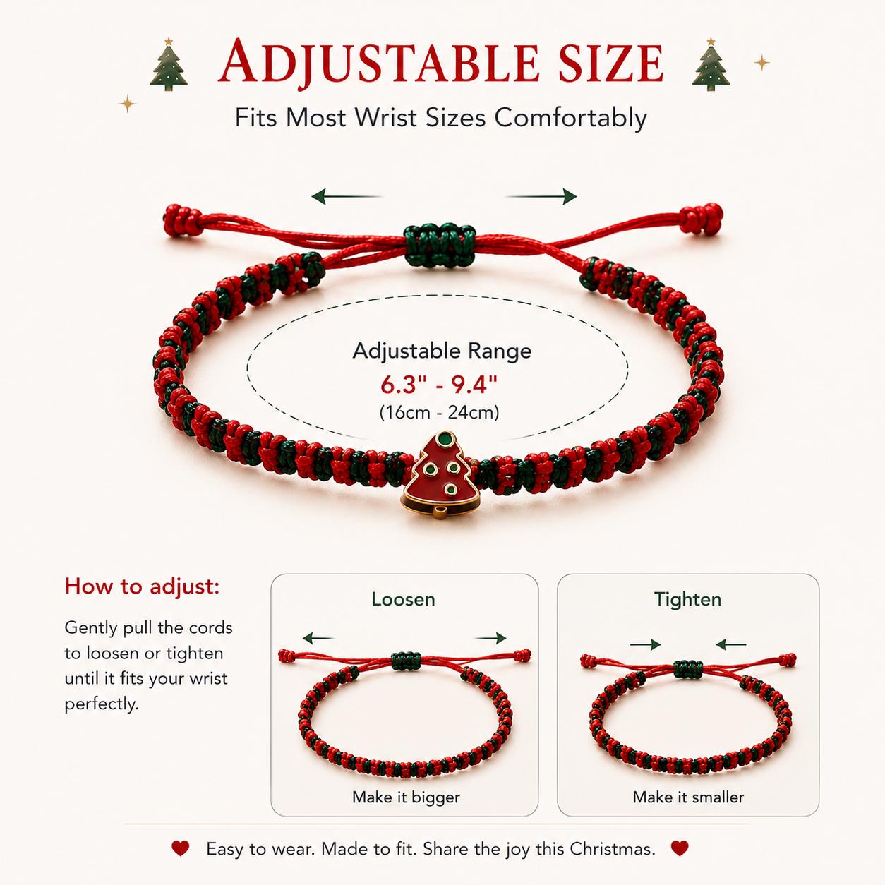Handwoven Christmas Bracelet with Red and Green Cord and Tree Charm
