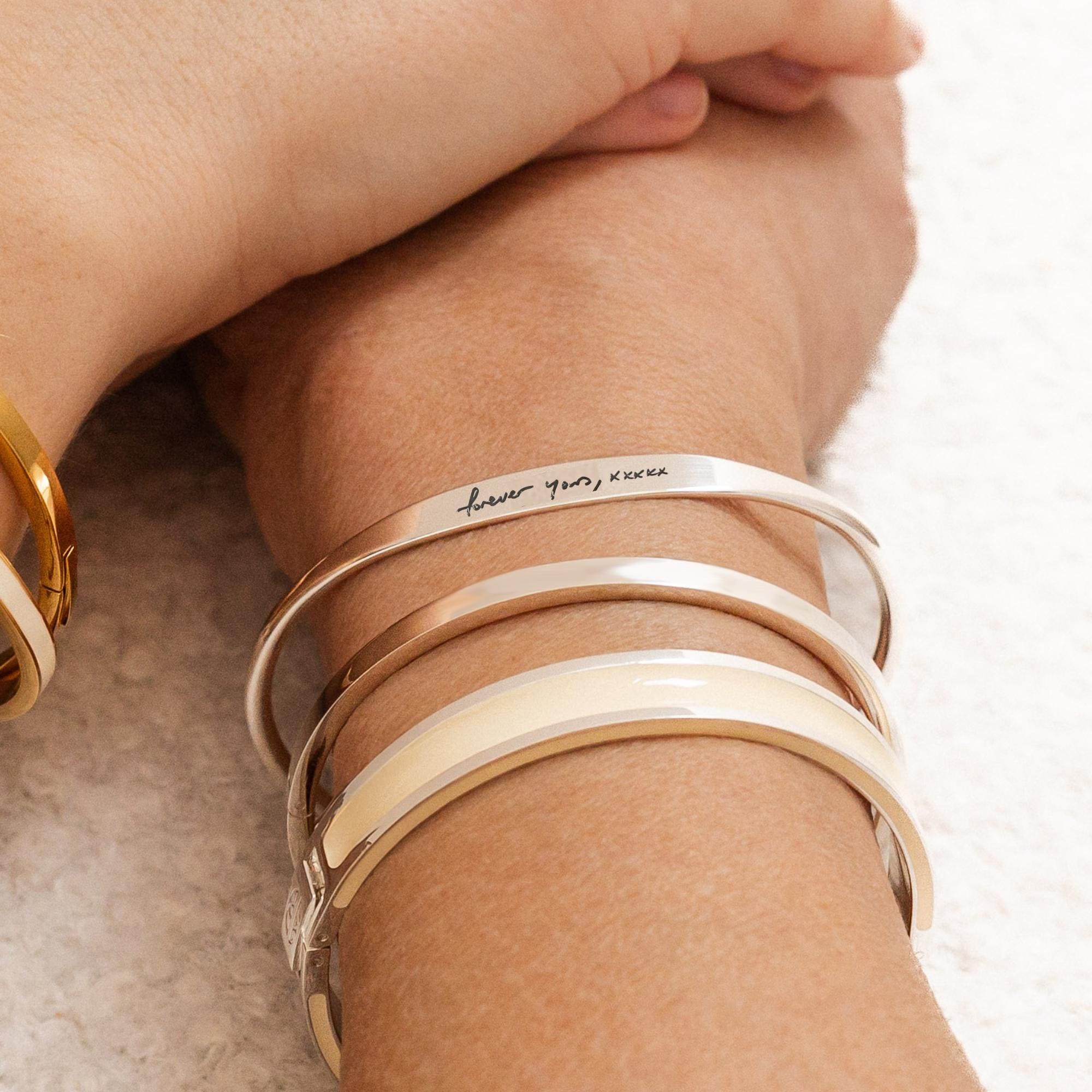 Women's Real Handwriting Torque Bangle in 18K Gold, Silver or Stainless Steel