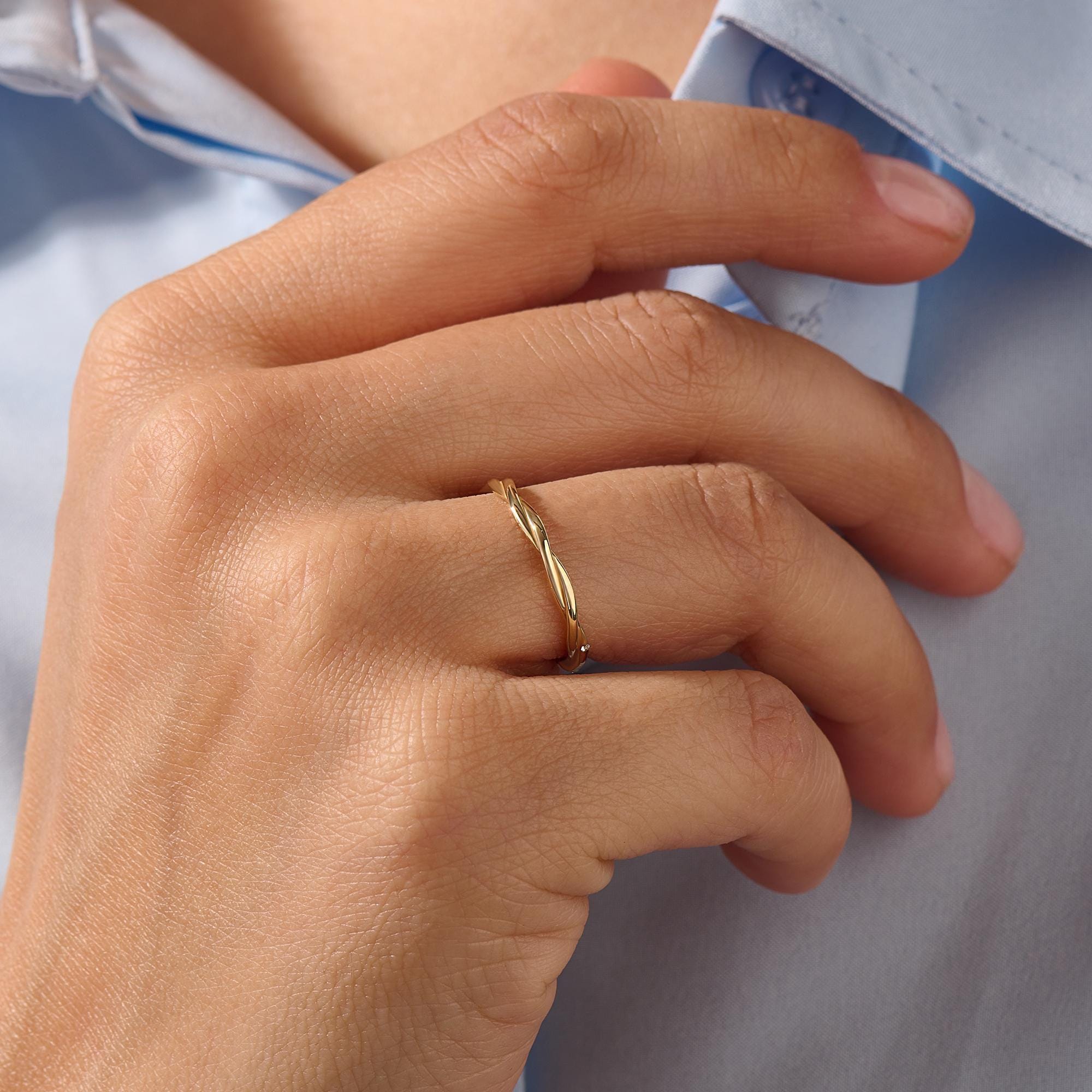 14K Solid Gold Slim Twisted Diamond Band