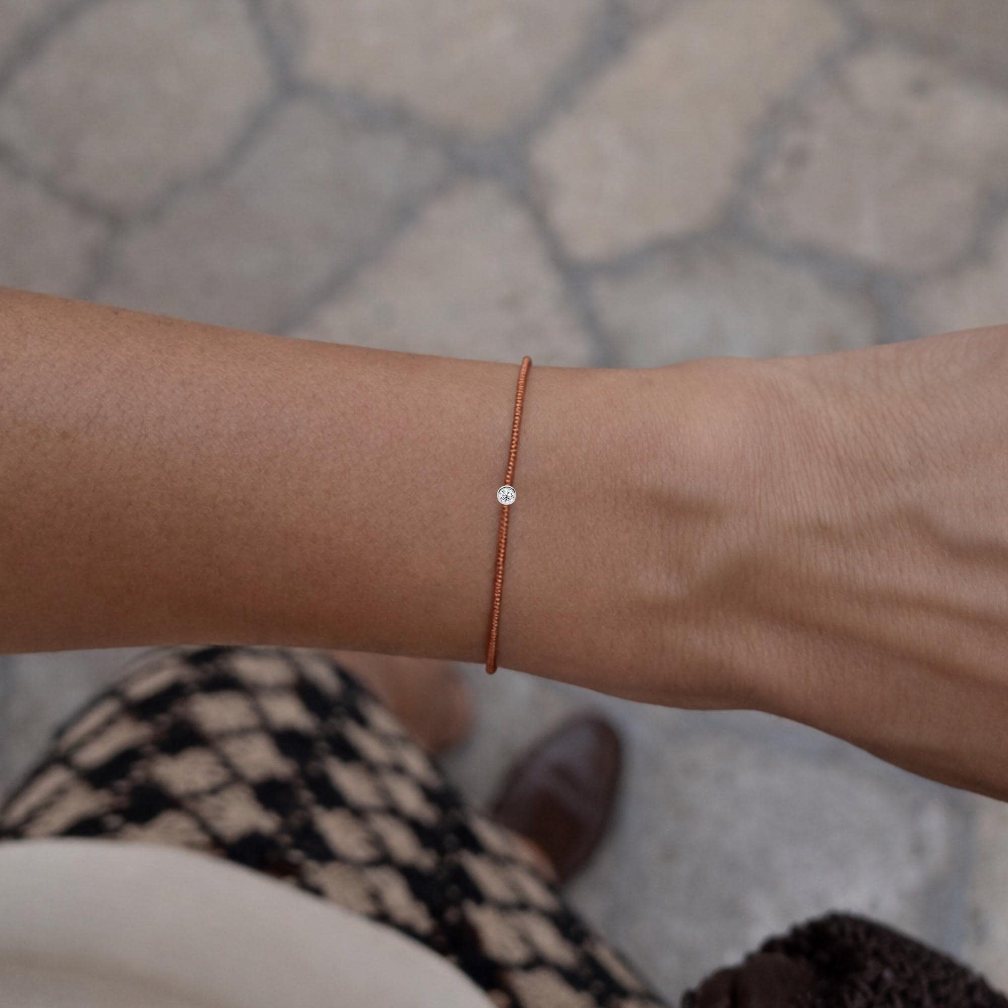 14K Solid Gold Friendship Bracelet with Natural White Diamond on Silk Cord