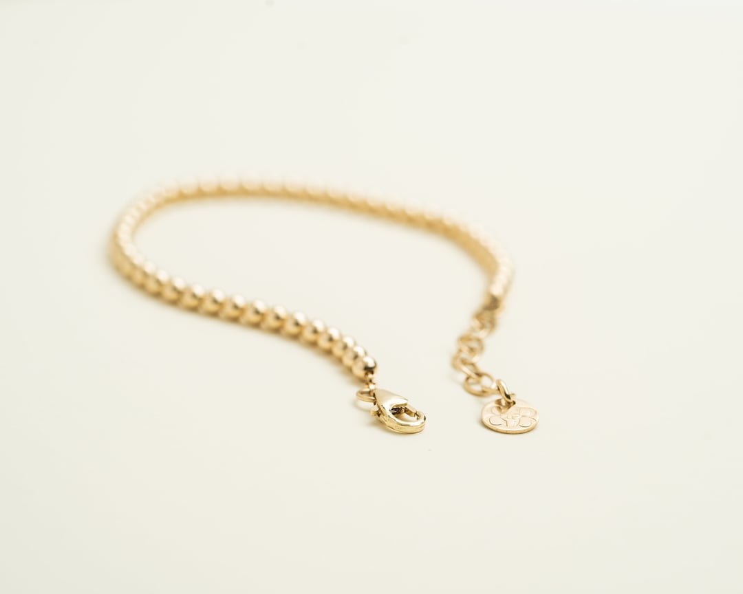 14K Solid Gold 3mm Beaded Bracelet on a Gold Chain
