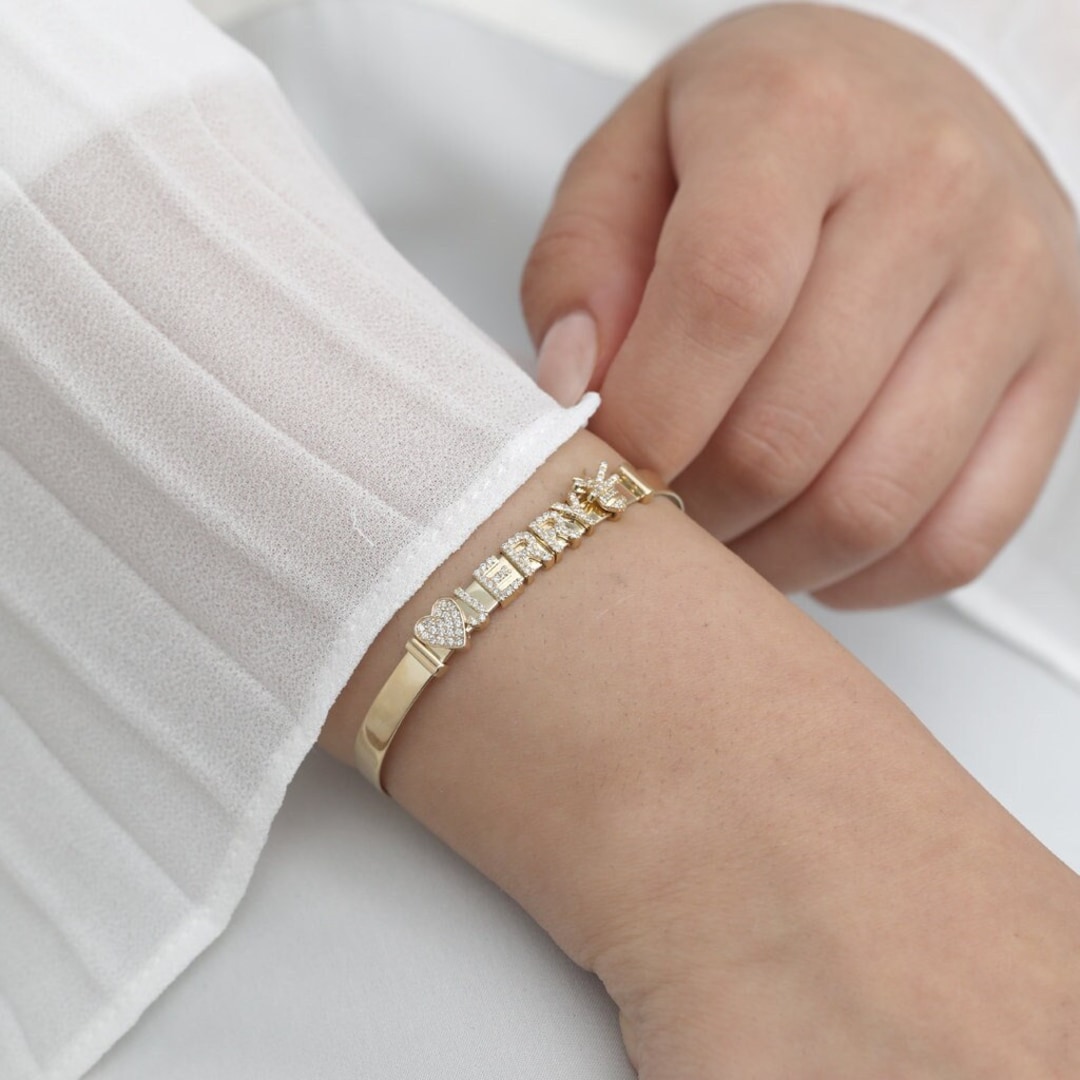 14K Gold Diamond Sliding Charm Bangle Bracelet