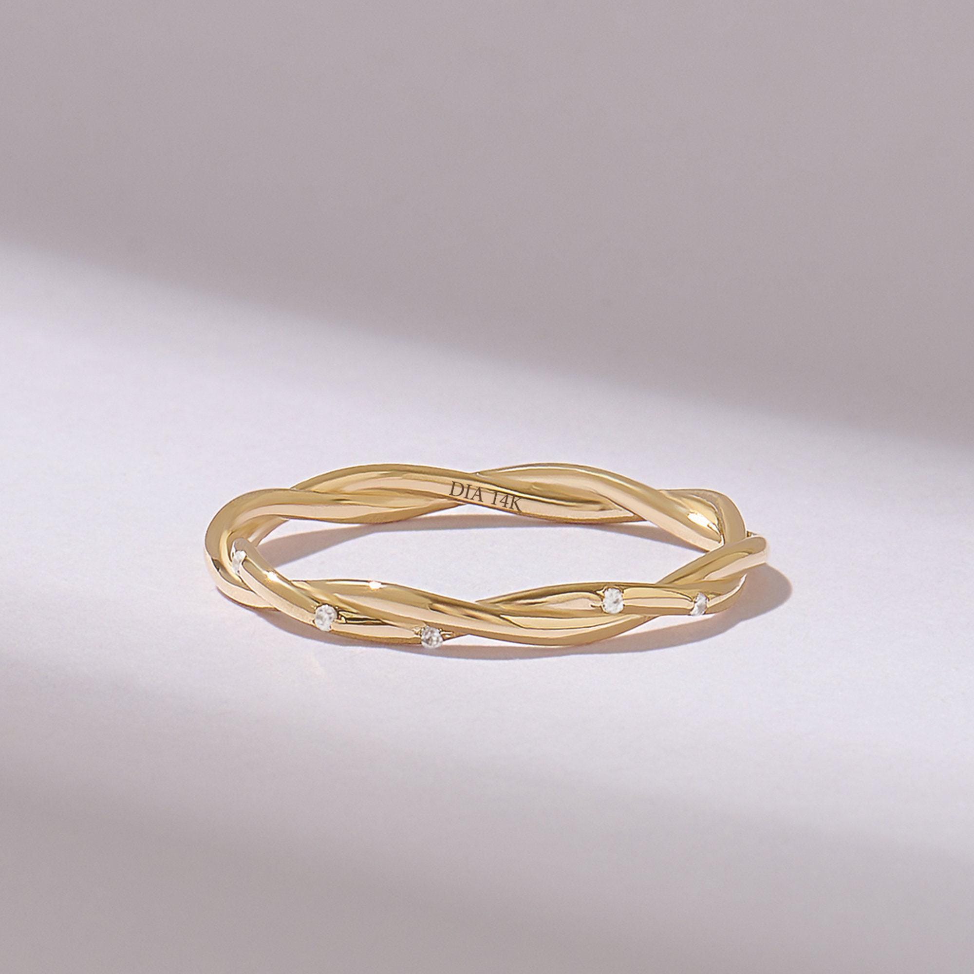 14K Solid Gold Slim Twisted Diamond Band