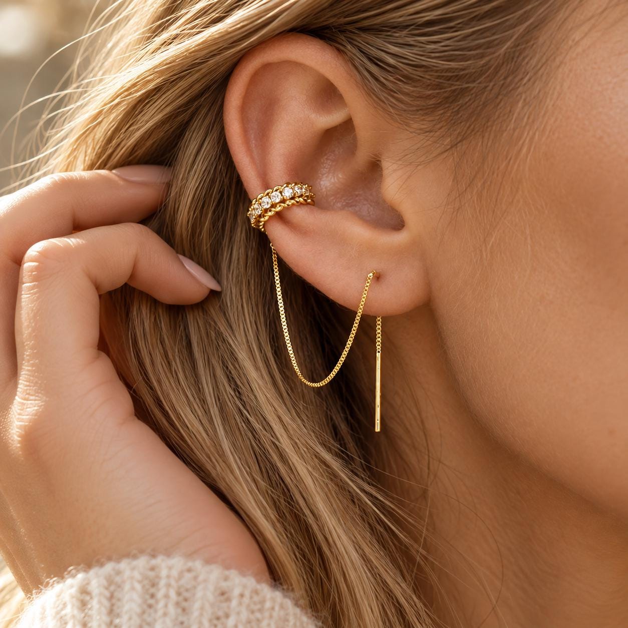 Chain Ear Cuff Earrings with Threader Chain in Gold or Silver