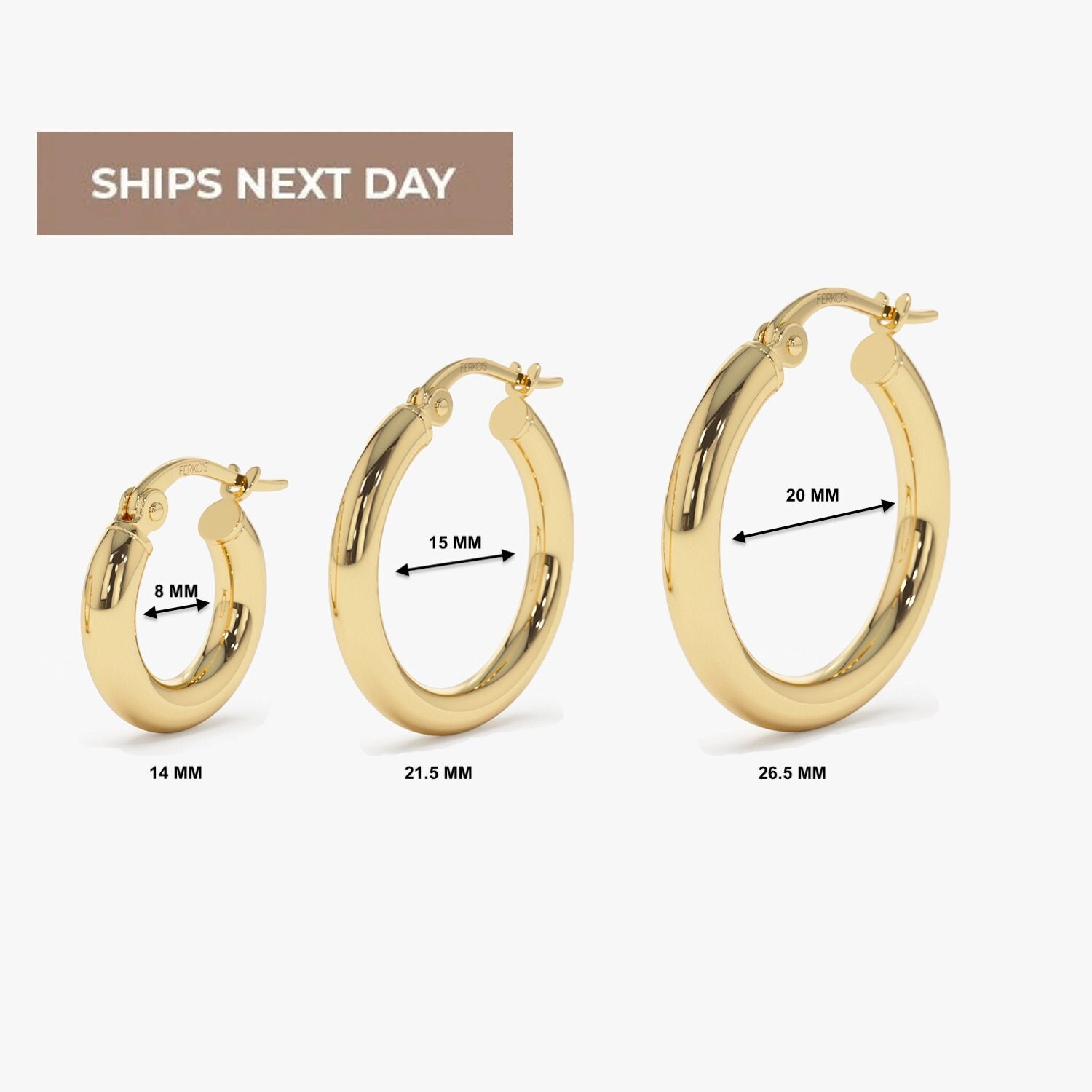 14K Gold Hoop Earrings, 3mm Thickness, 14mm to 26.5mm, Sold as a Pair