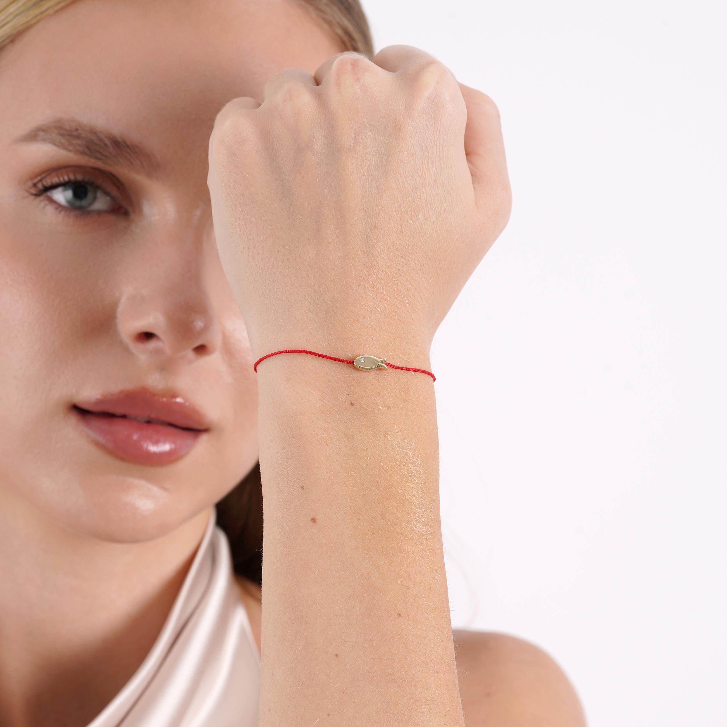 14K Solid Gold Fish Bracelet with Diamond Eye on Red Cord