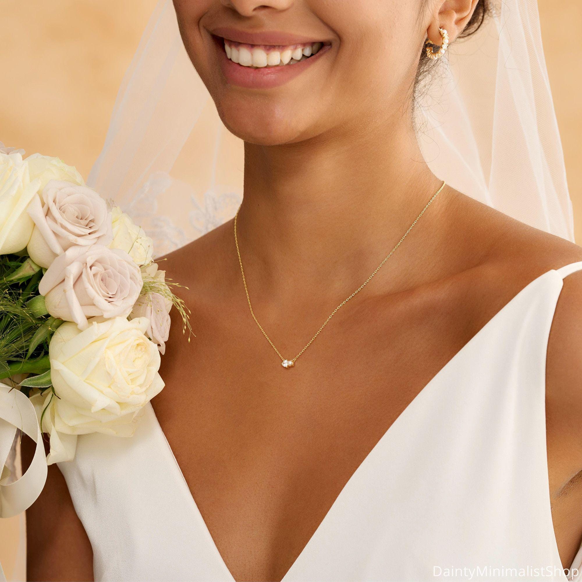 Dainty Pearl Necklace with Heart CZ Diamond in 14K Gold Plated Copper