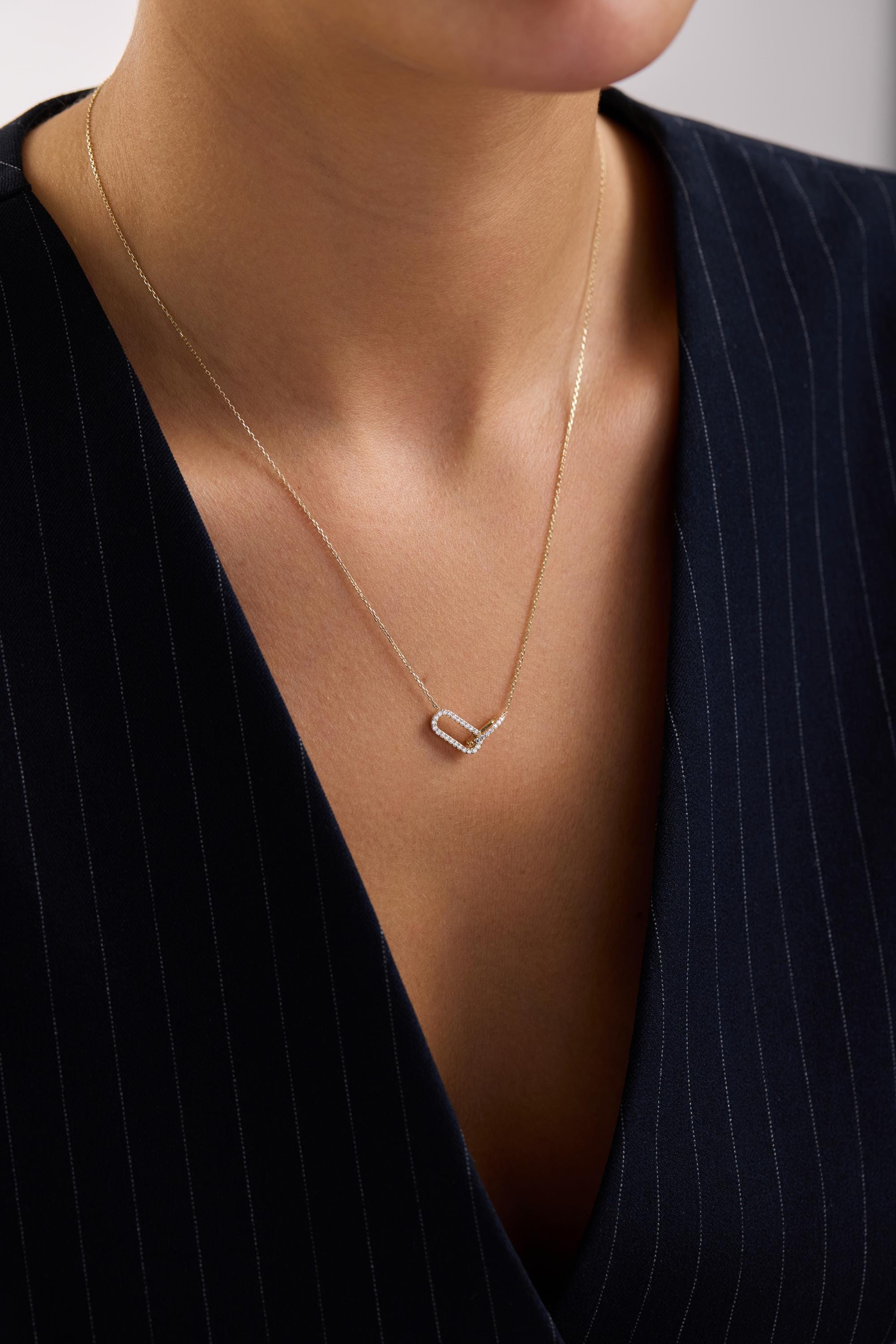 14K Gold Diamond Link Necklace with Modern Asymmetrical Pendant