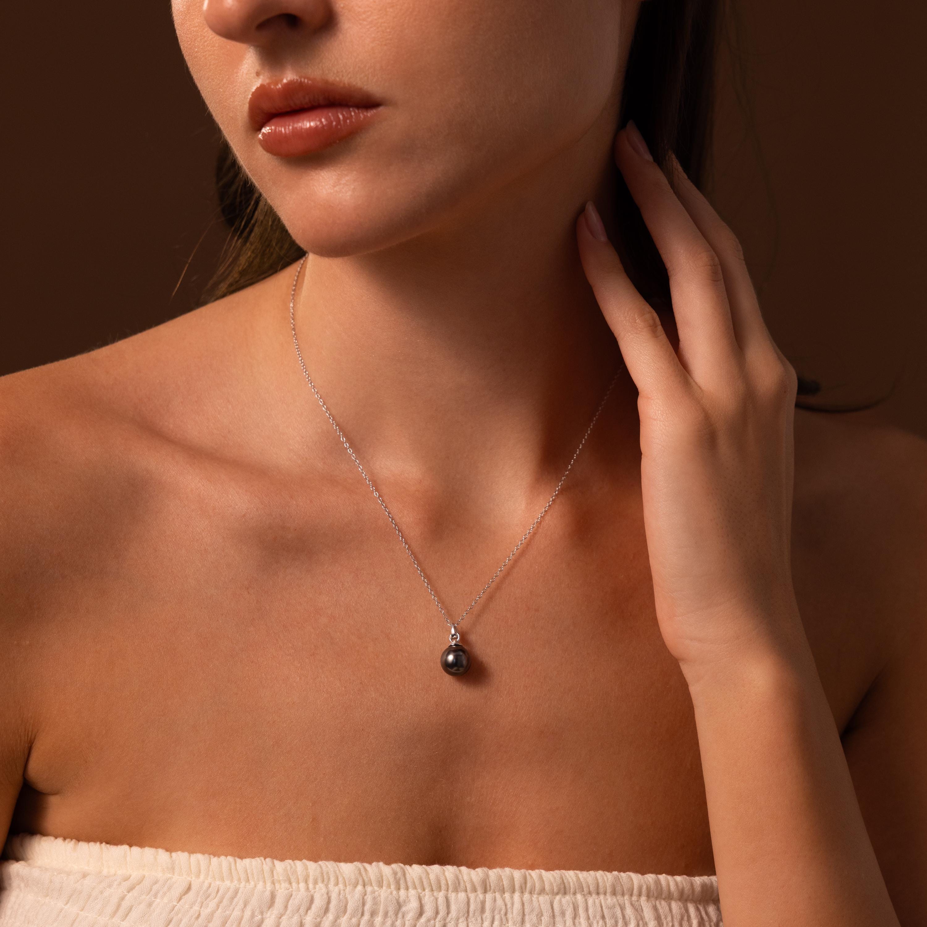 Black Pearl Drop Necklace in Sterling Silver, Adjustable Chain