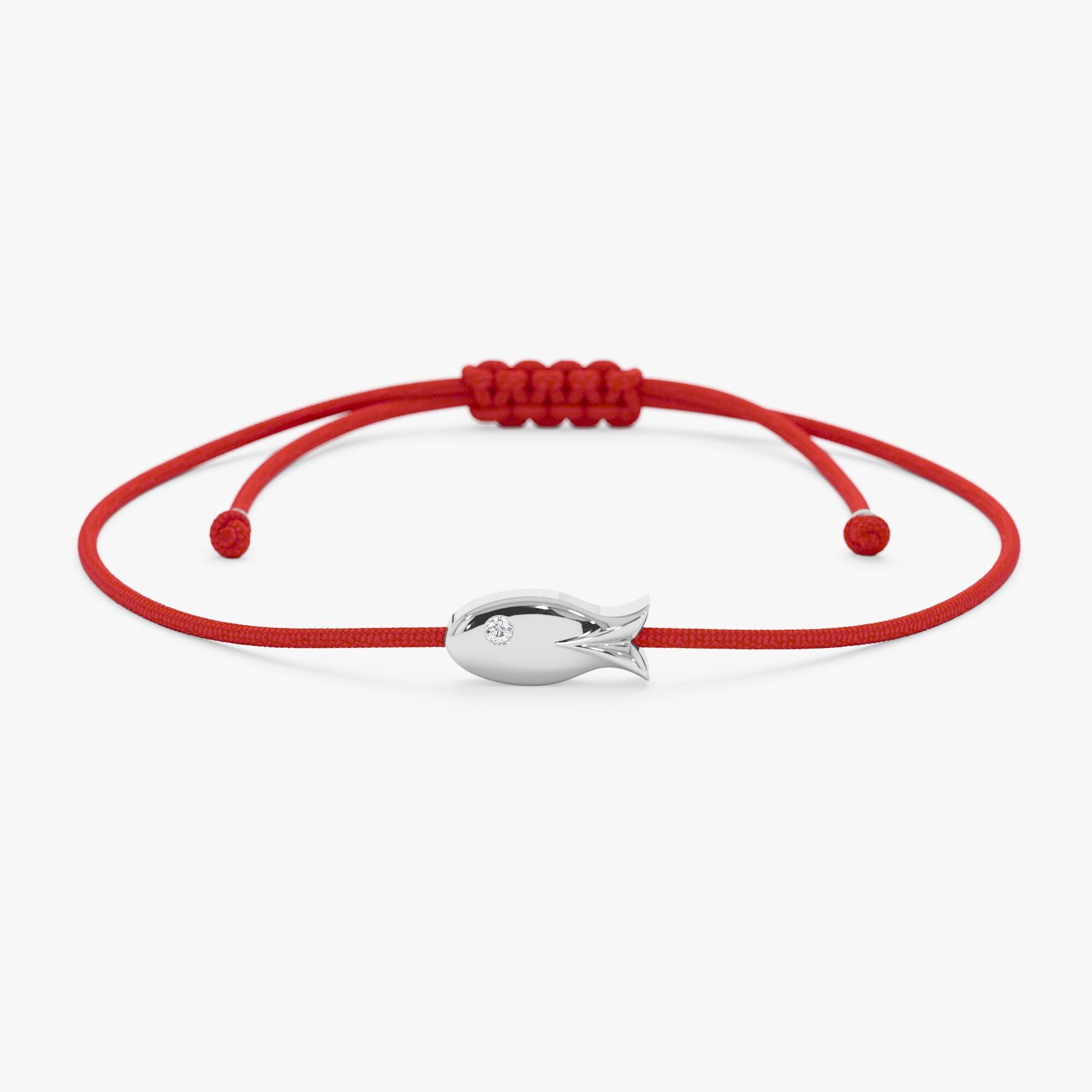 14K Solid Gold Fish Bracelet with Diamond Eye on Red Cord