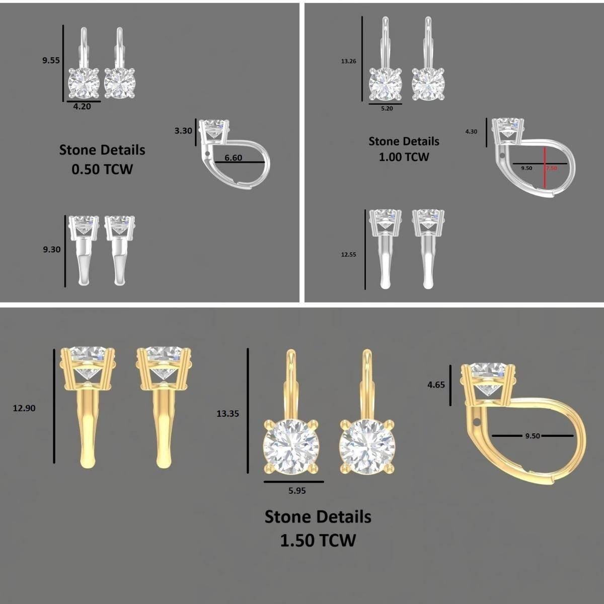 Round Cut Lab Diamond Drop Earrings in 14K Yellow Gold with Lever Backs