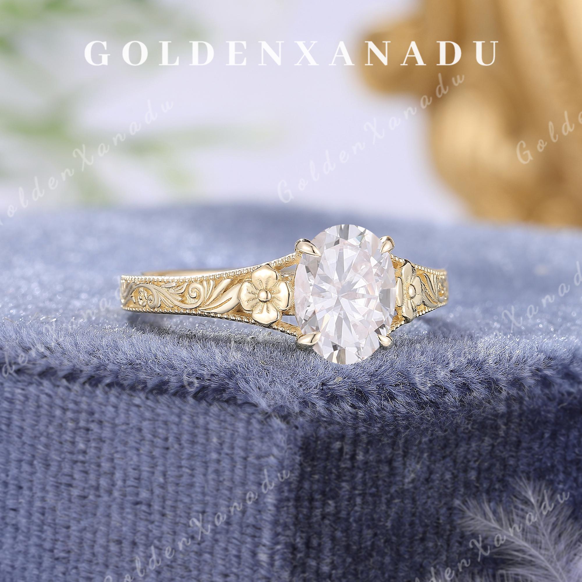 Vintage Floral Moissanite Engagement Ring, Oval Cut