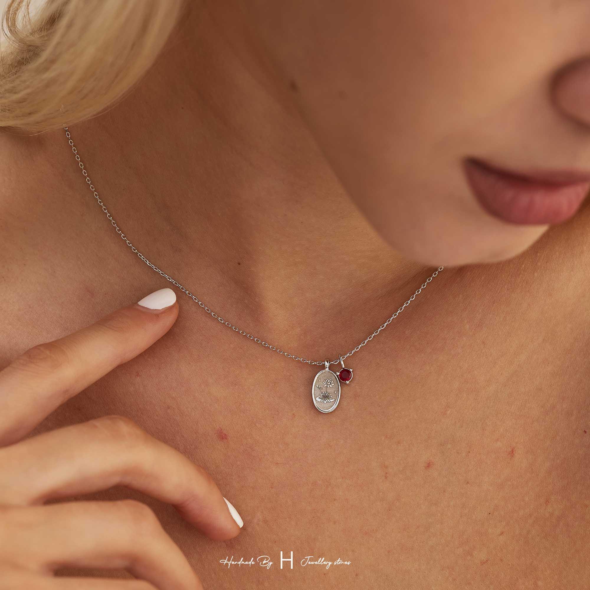 Engraved Birth Flower and Birthstone Necklace