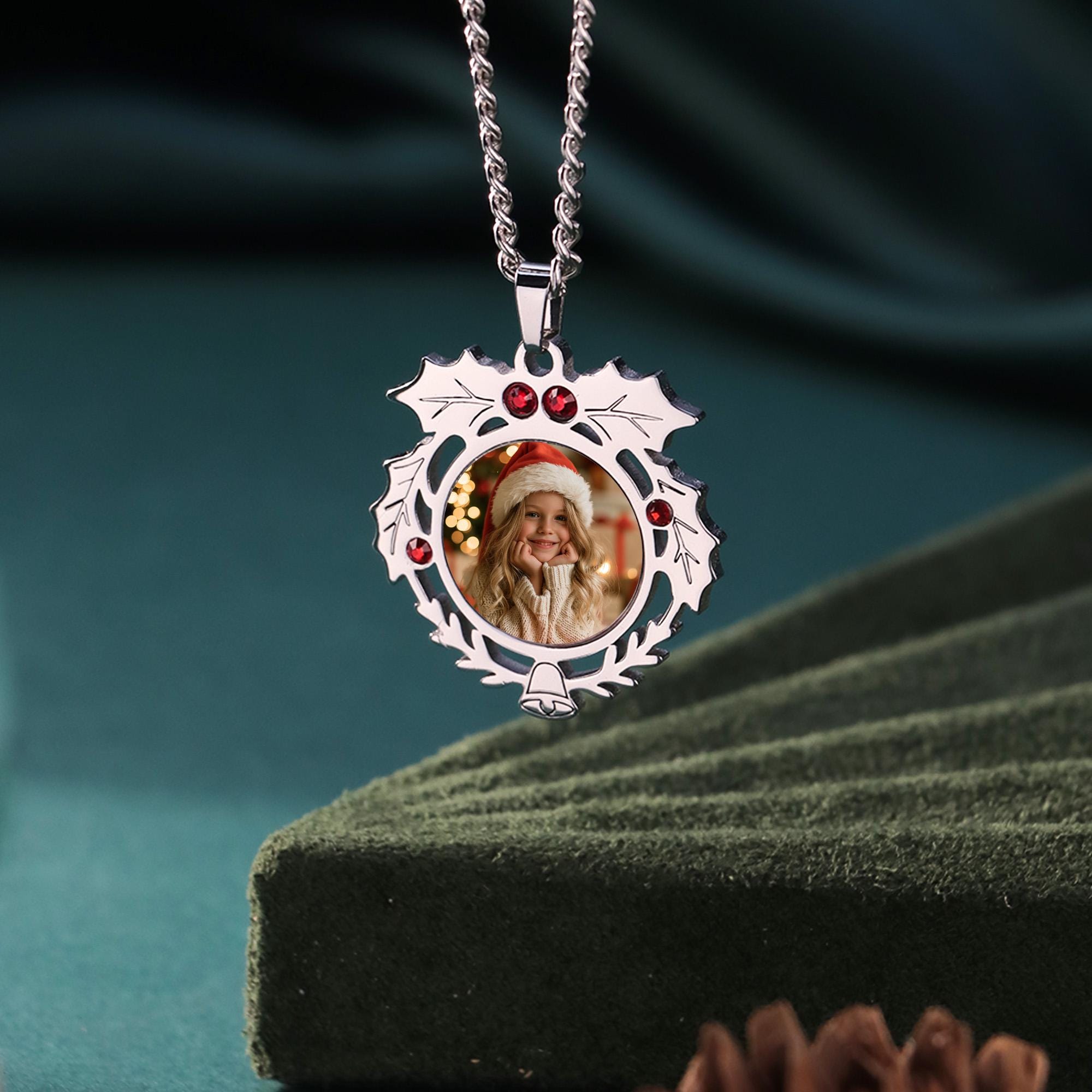 Christmas Wreath Photo Necklace with Red Cubic Zirconia