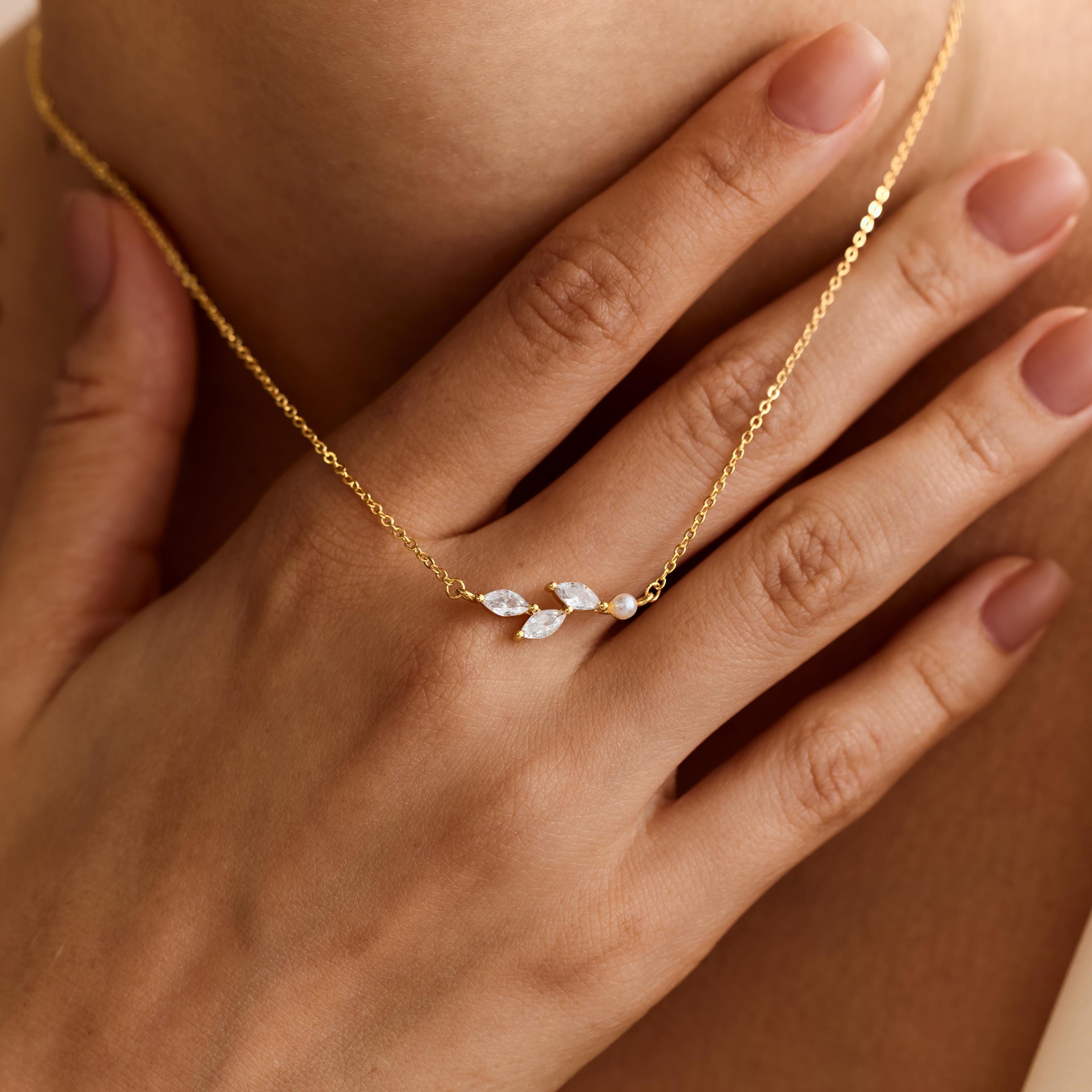 Pearl Leaf Necklace with CZ Stones, Olive Branch Design