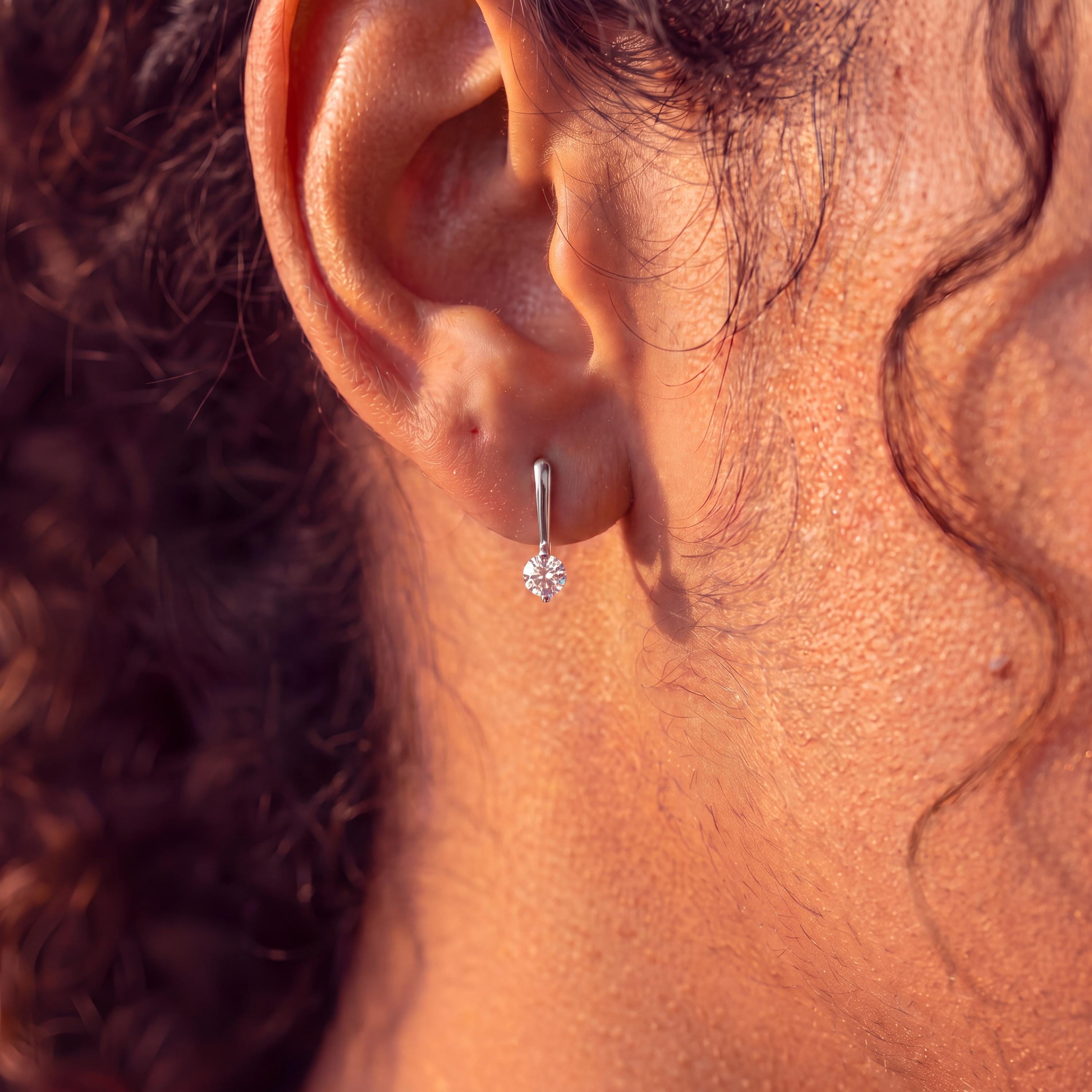Minimalist Vertical Bar Drop Earrings with a Round Cubic Zirconia Solitaire