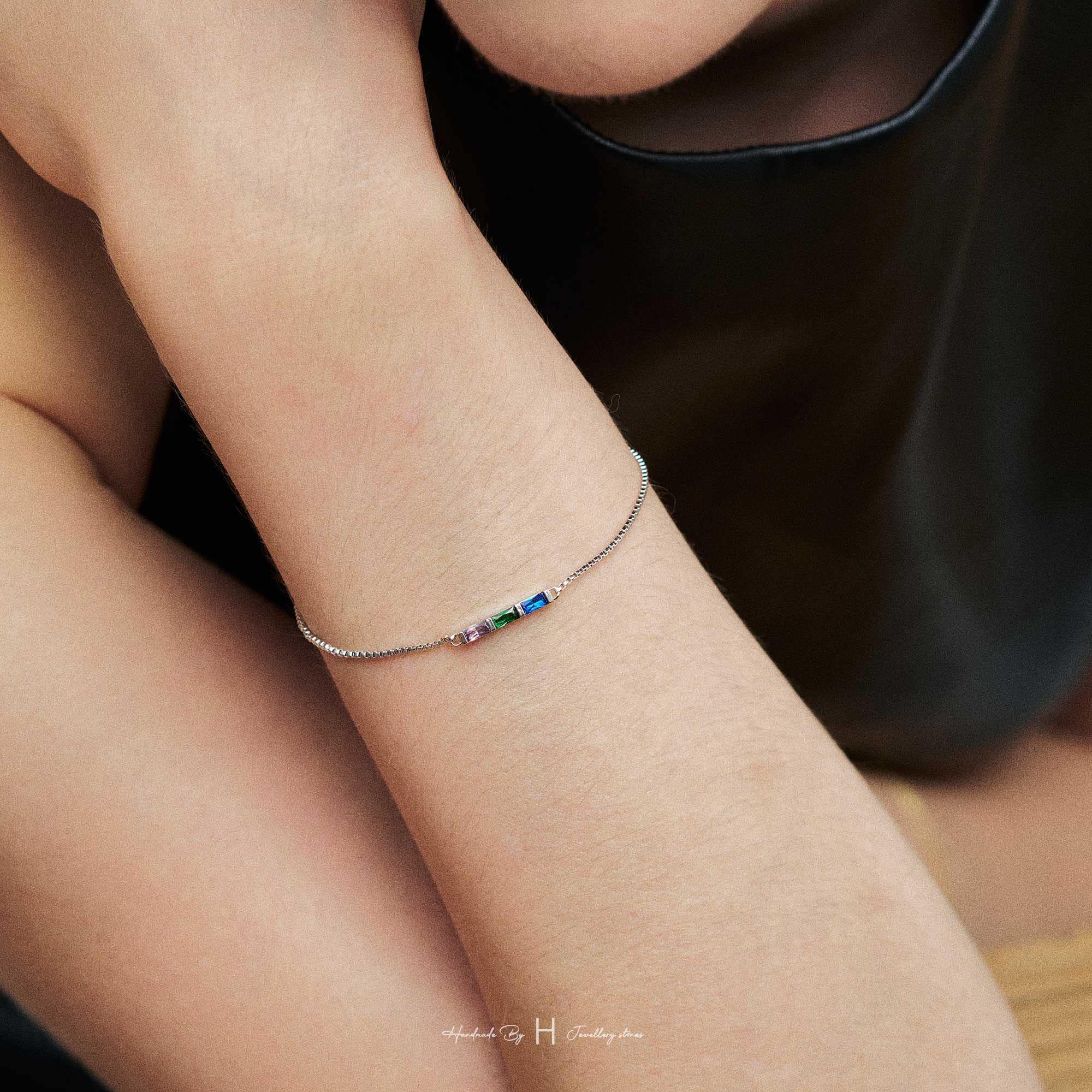 Custom Baguette Birthstone Bracelet in Rose Gold or Silver Plated Copper