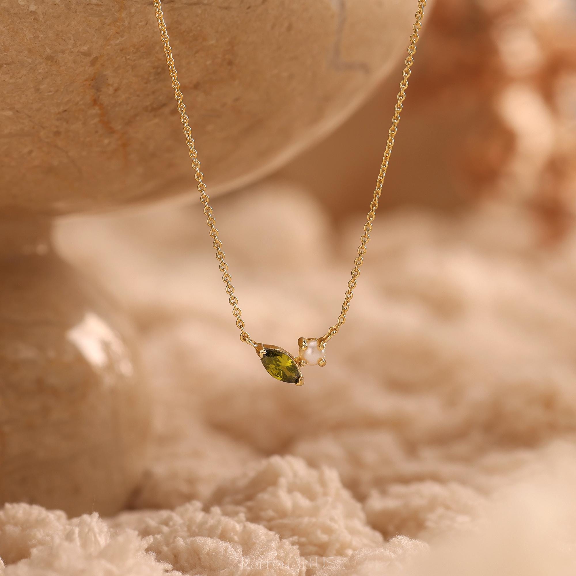 Marquise Birthstone and Pearl Necklace, Personalized Gemstone Pendant
