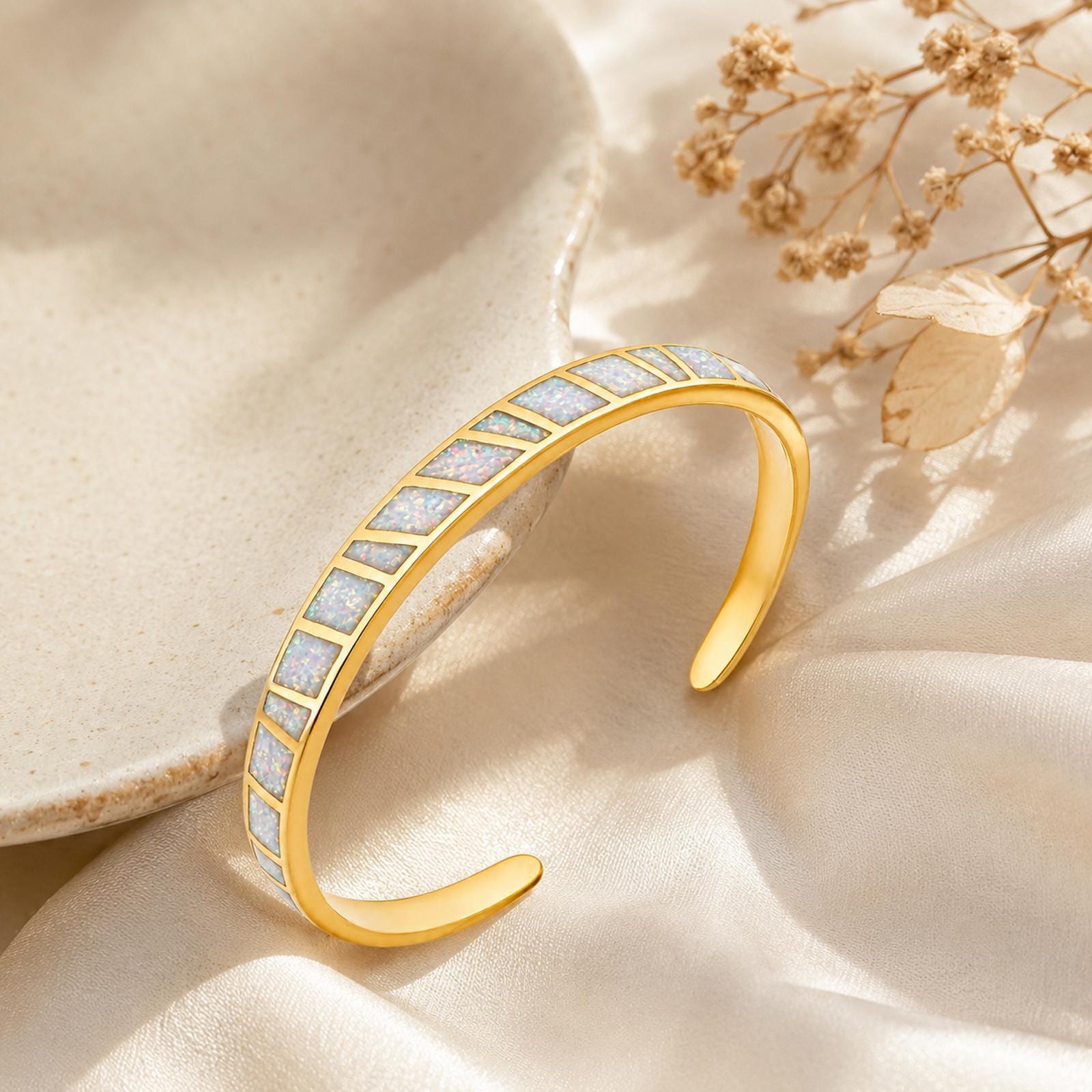 Opal Cuff Bracelet with Custom Engraving in Gold Plated Finish