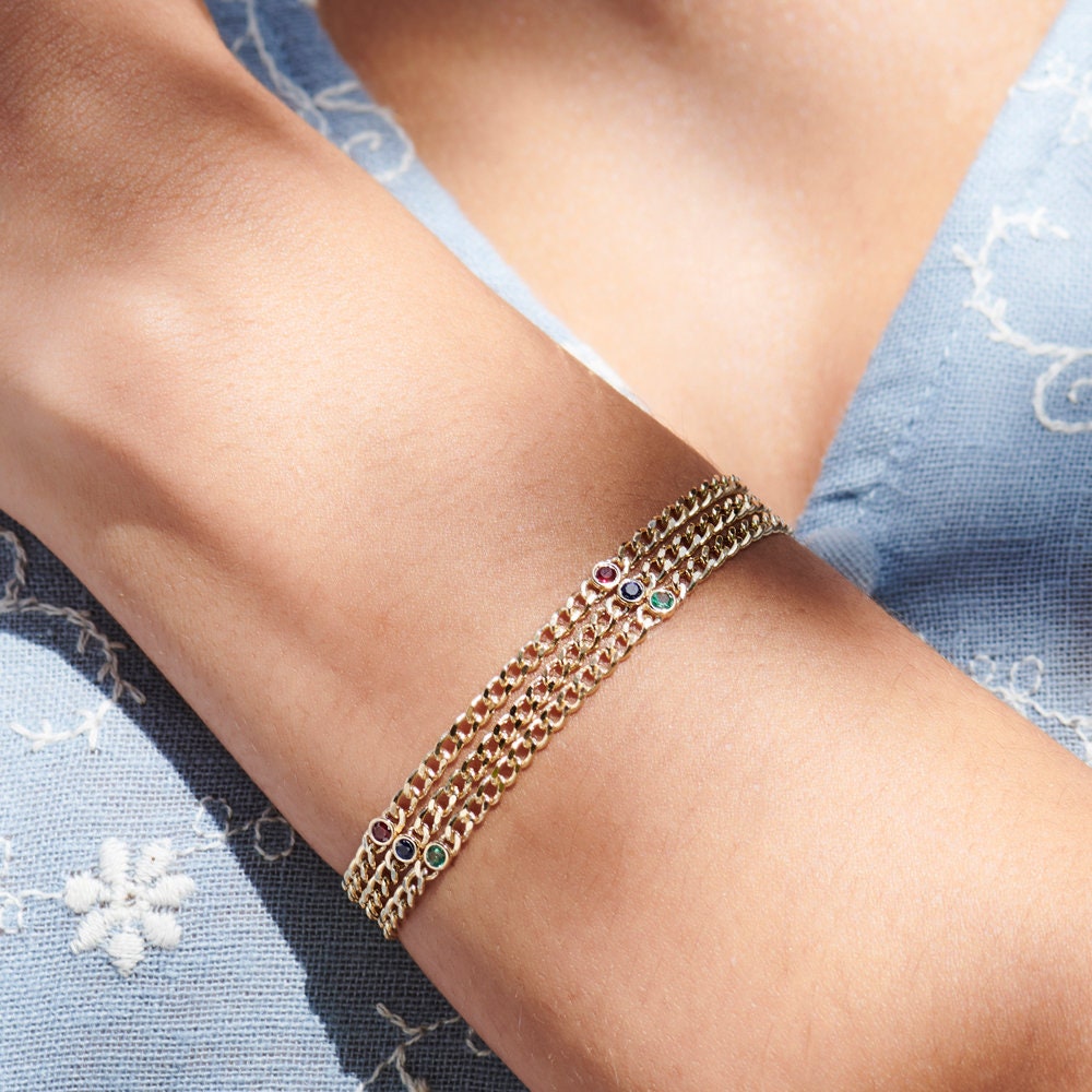 Ruby Bracelet, 14K Gold 3MM Miami Curb Link Chain with Bezel Set Ruby