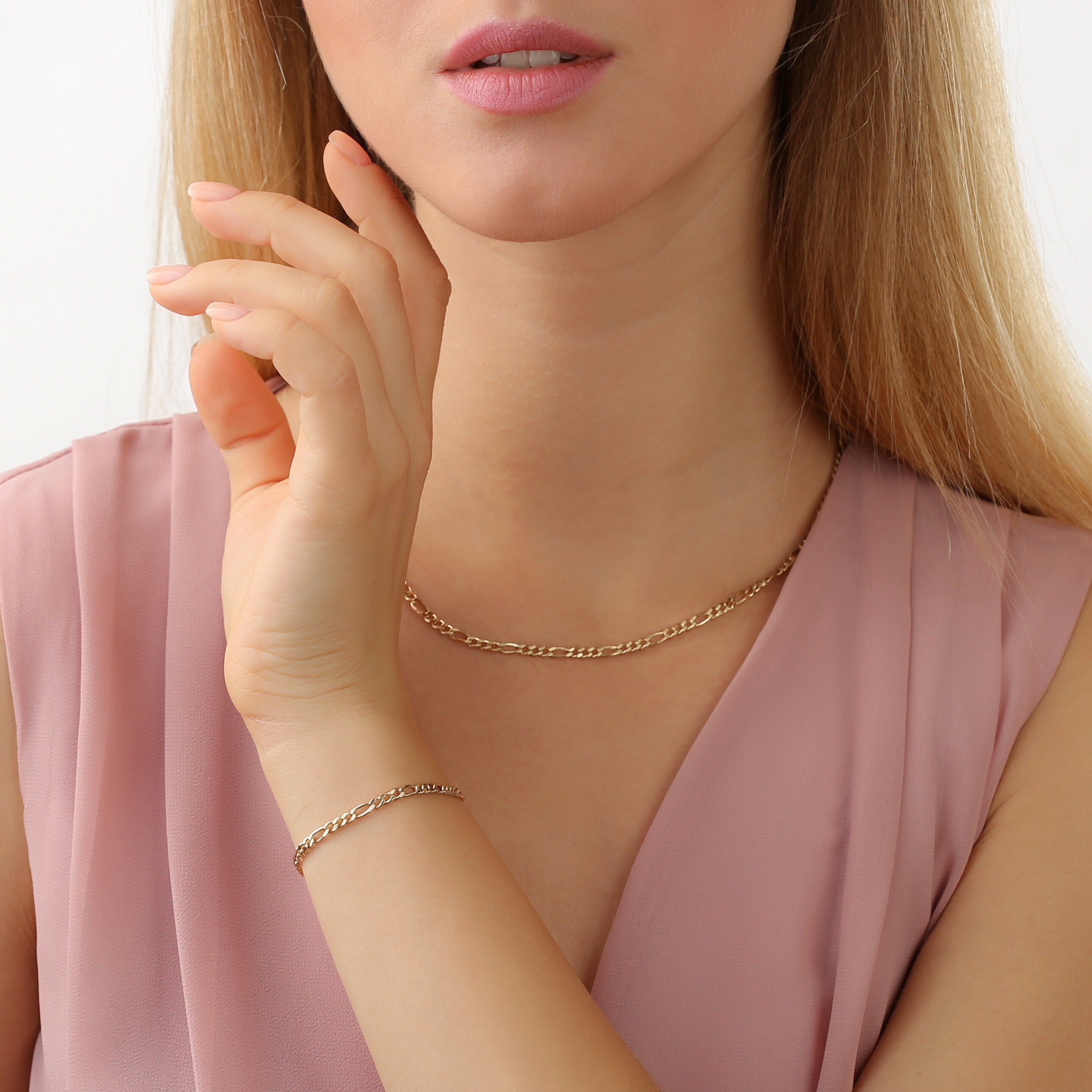 14K Solid Gold Figaro Chain Bracelet in Yellow or White Gold