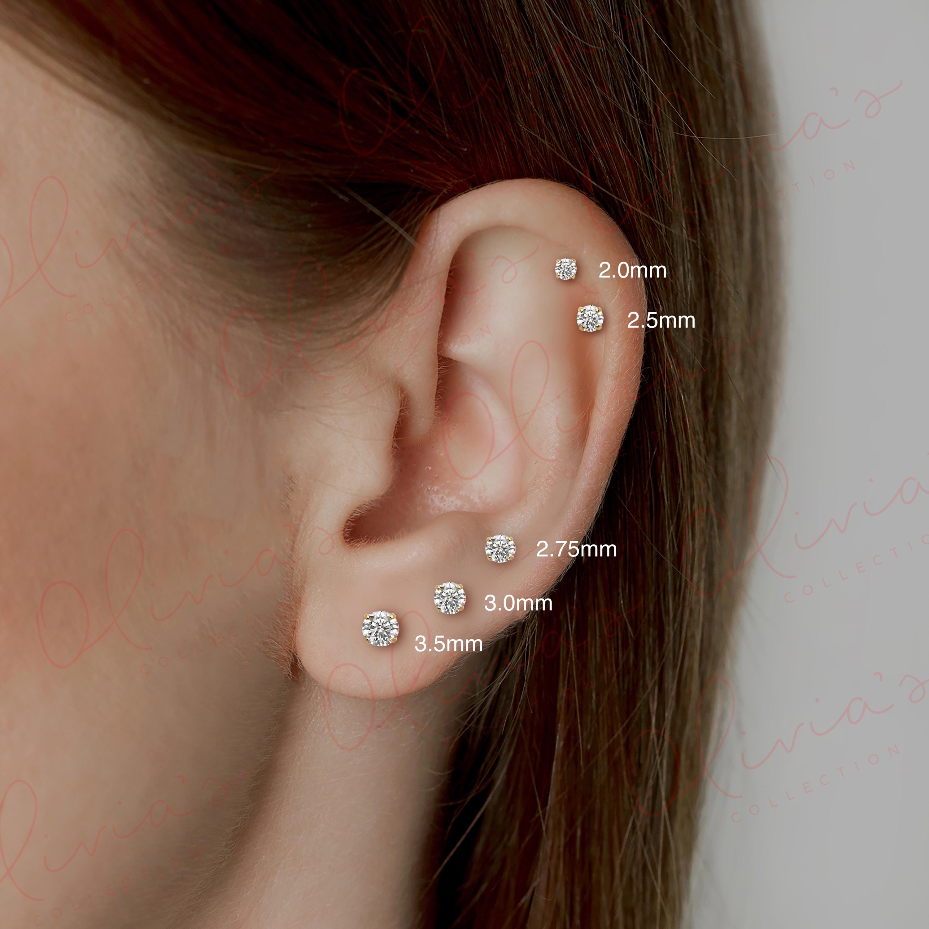 14K Solid Gold Lab-Grown Diamond Stud Earrings with Screw Backs, White or Yellow