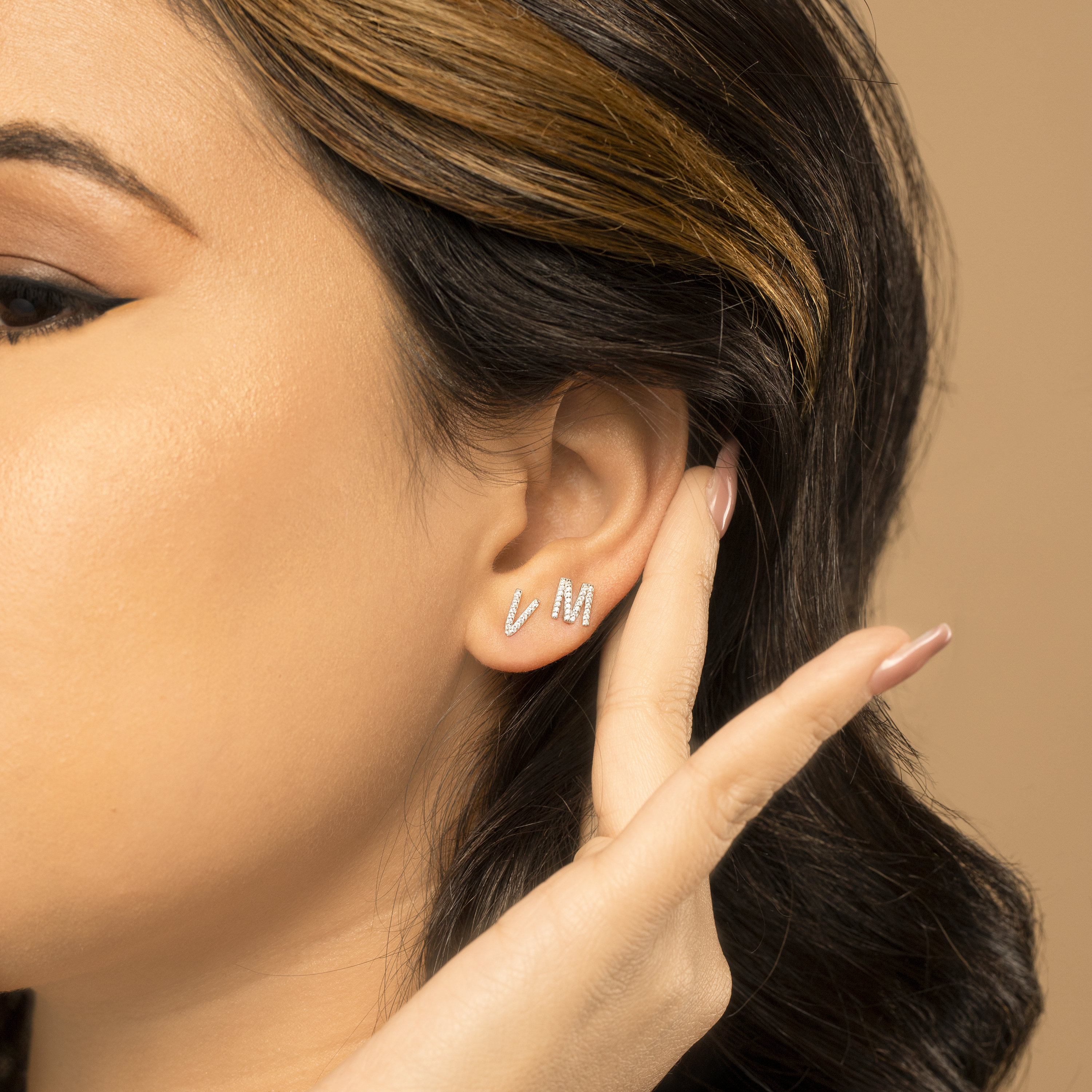 Sterling Silver Initial Stud Earrings with Crystal Accents