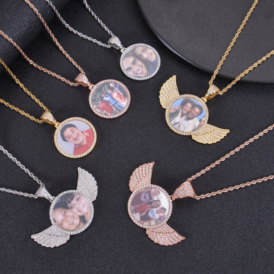 Personalized Angel Wings Photo Pendant Necklace with Diamond Detailing