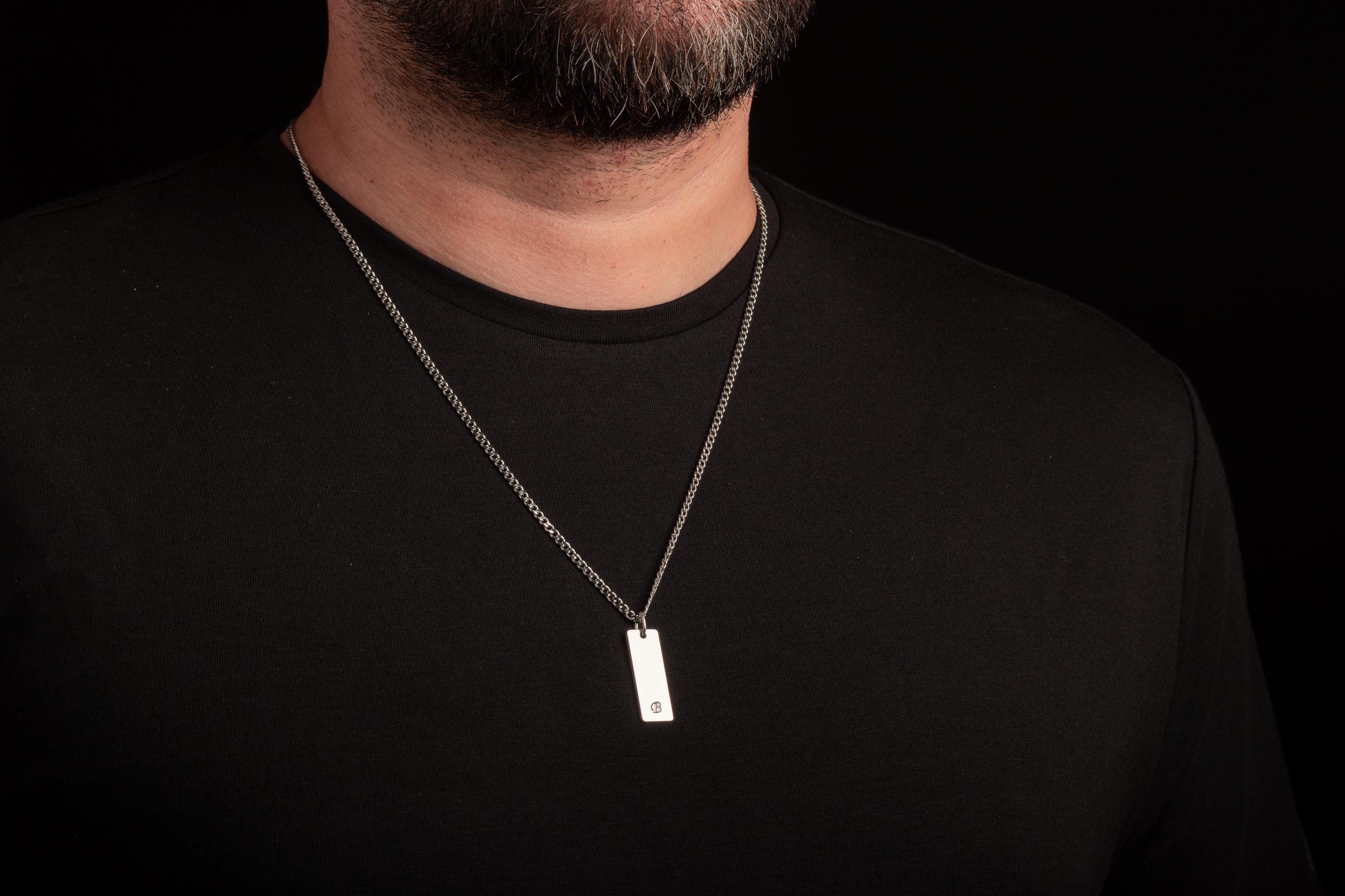 Engraved Sterling Silver Bar Necklace for Men with Curb Chain