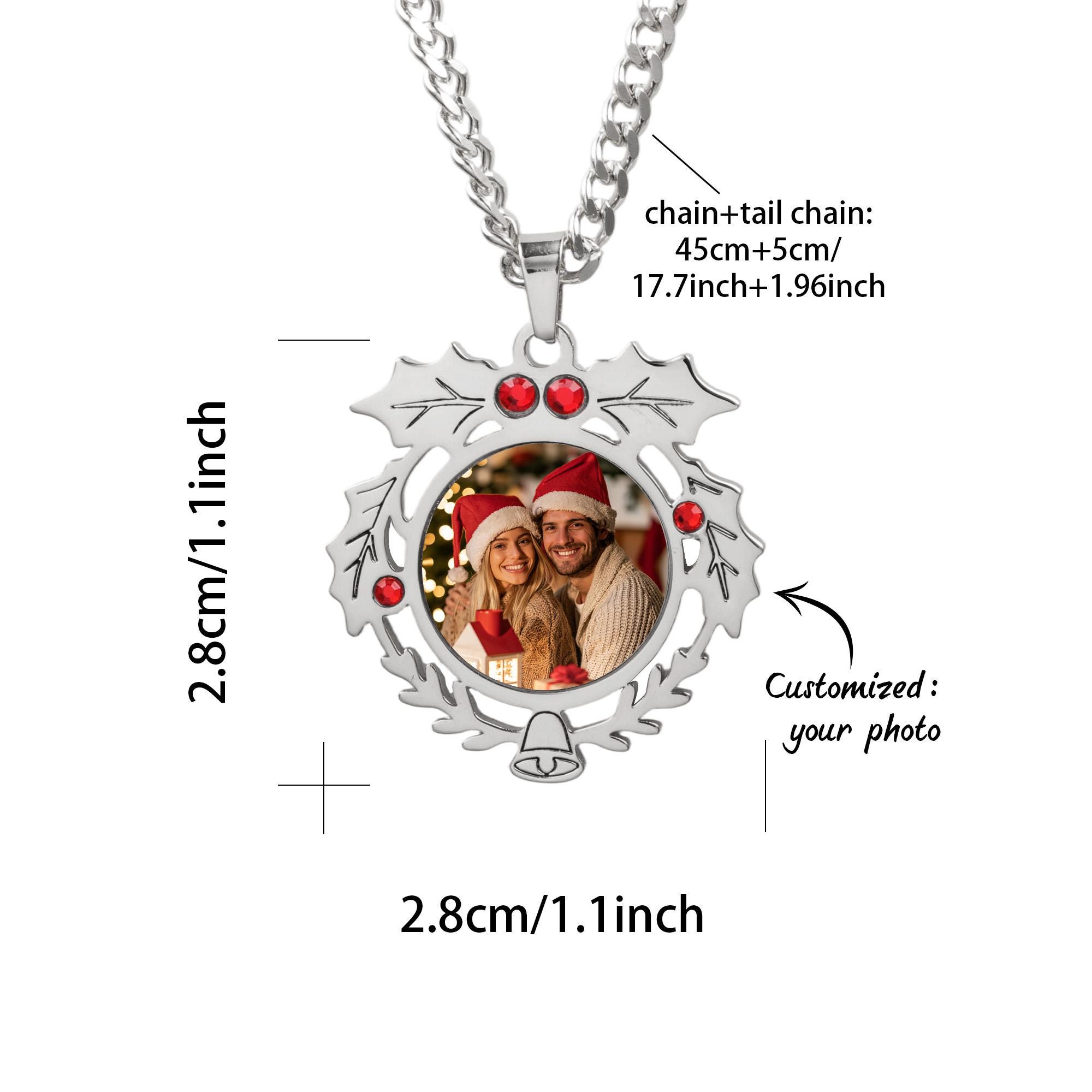 Christmas Wreath Photo Necklace with Red Cubic Zirconia