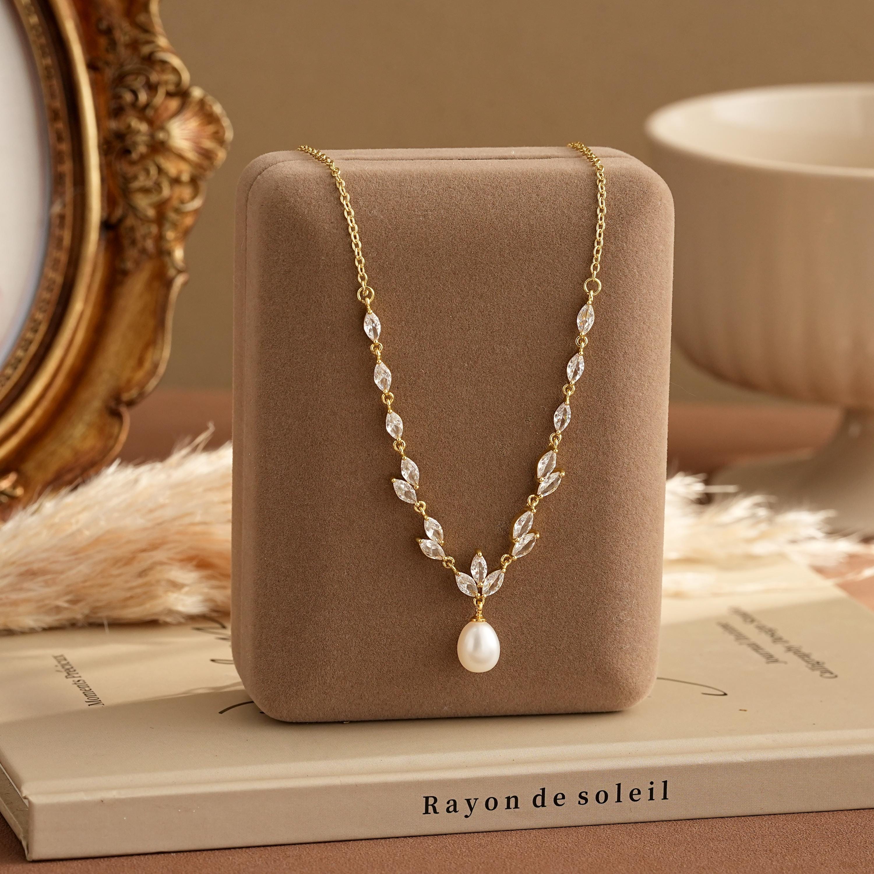 Gold Leaf and Freshwater Pearl Necklace with CZ Crystal Accent