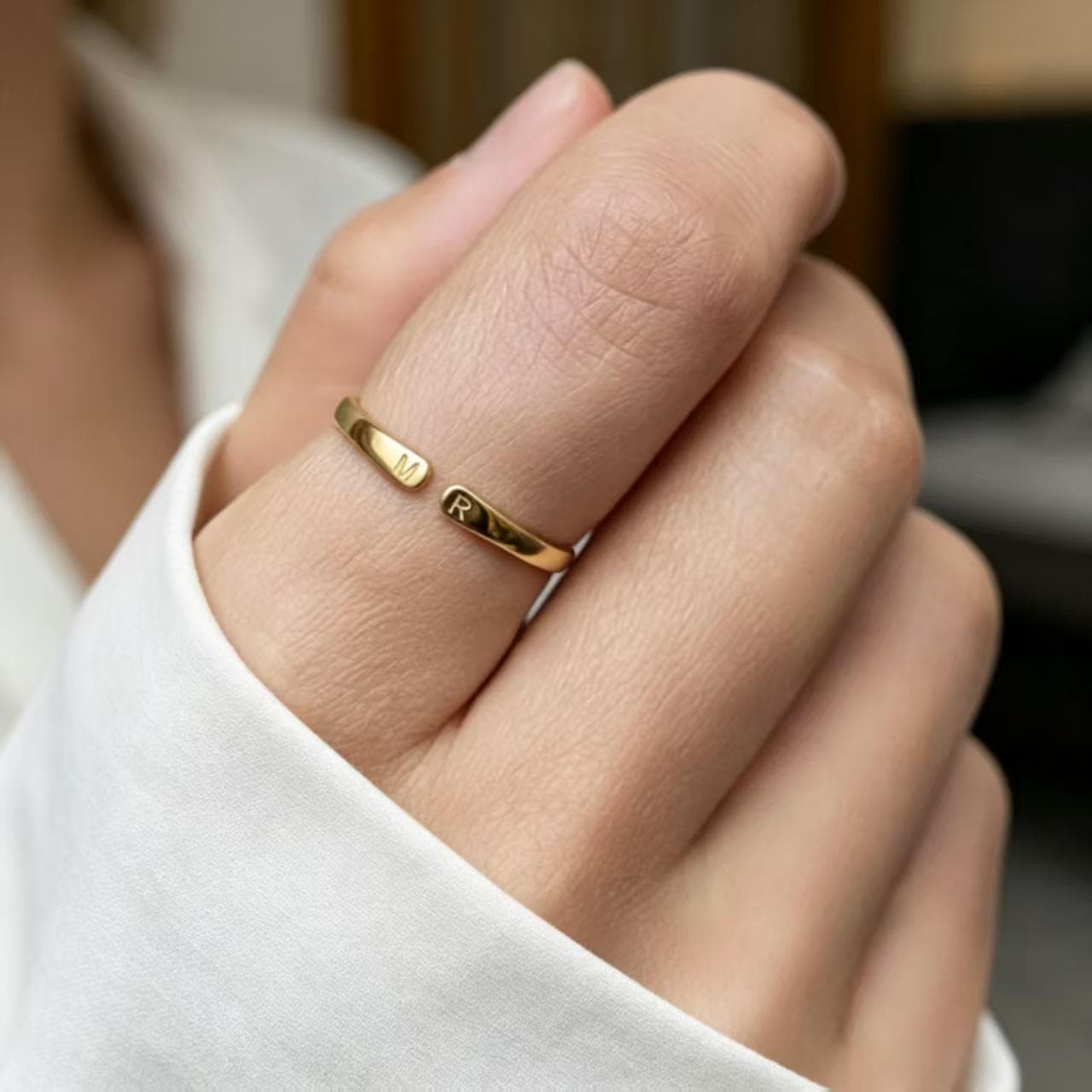 Custom Engraved Double Initial Ring, 18K Gold Plated Steel