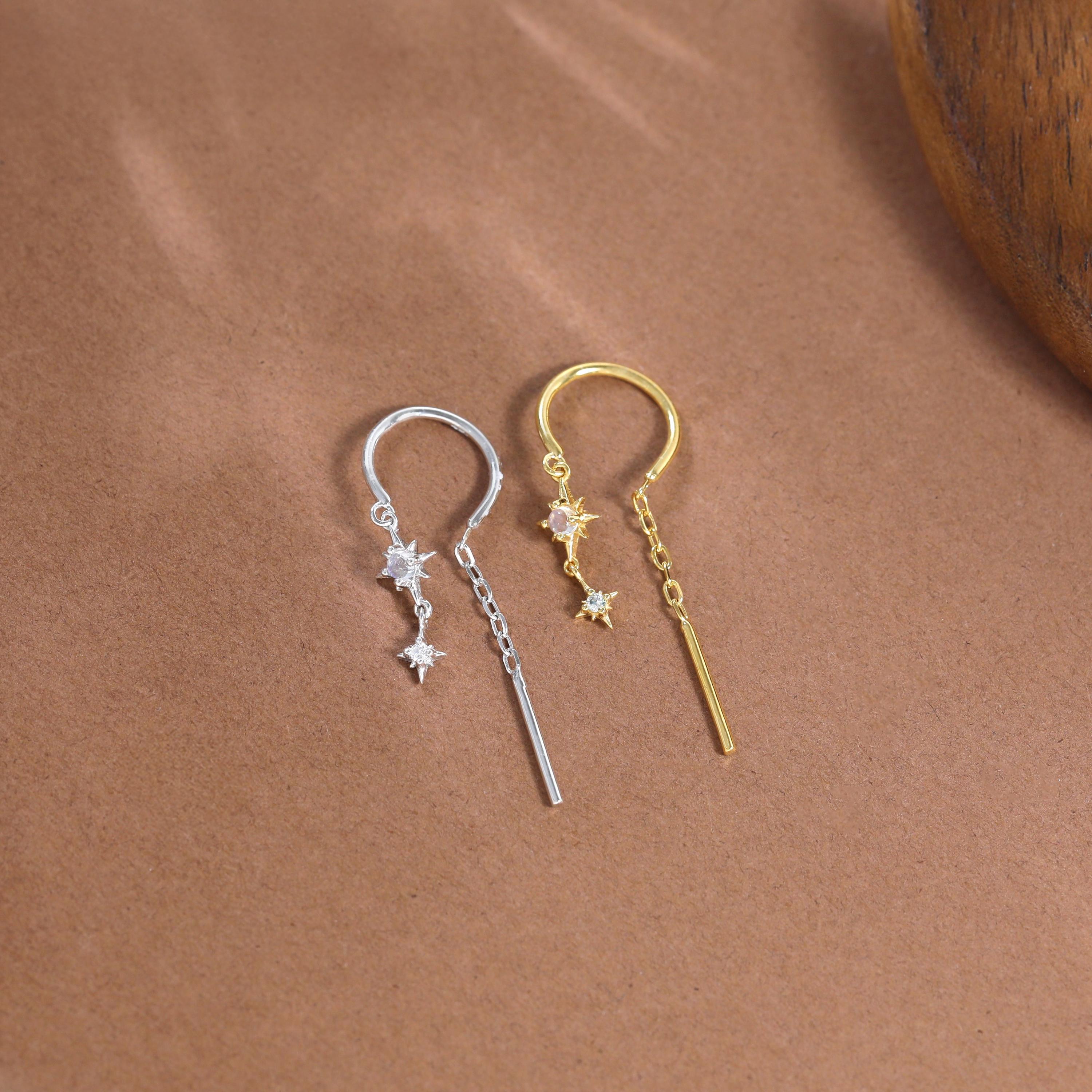 14K Gold Plated Moonstone and Moissanite Star Threader Earring