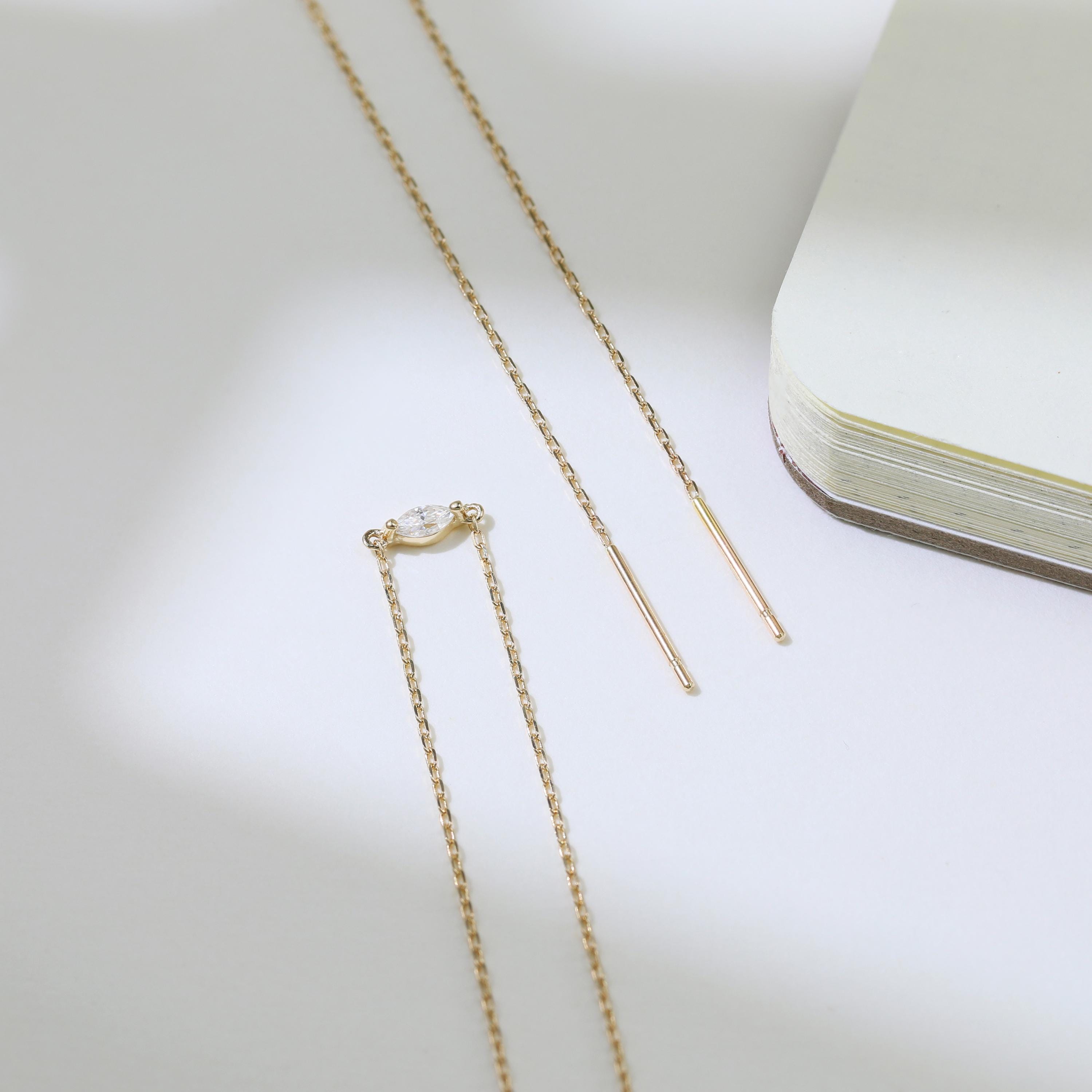 14K Solid Gold Moissanite Chain Threader Earring for Cartilage and Lobe