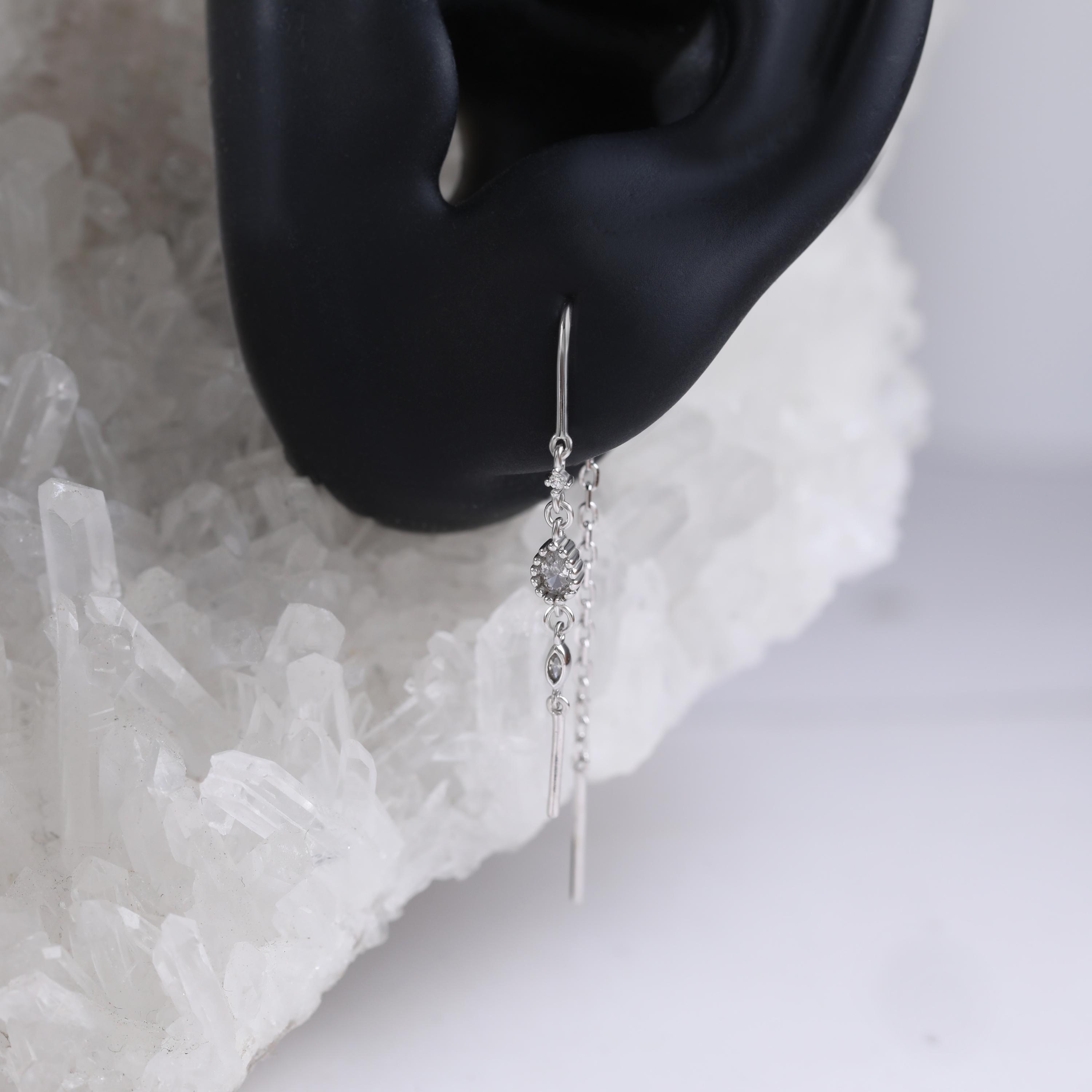 14K Gold Plated Threader Earring with Cubic Zirconia and Curved Bar