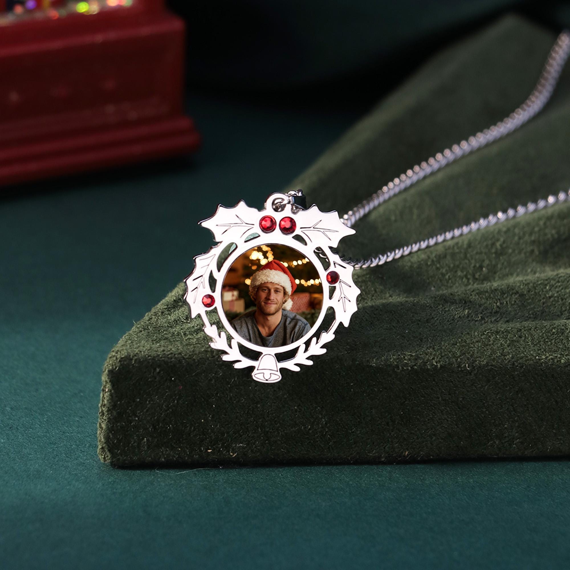 Christmas Wreath Photo Necklace with Red Cubic Zirconia