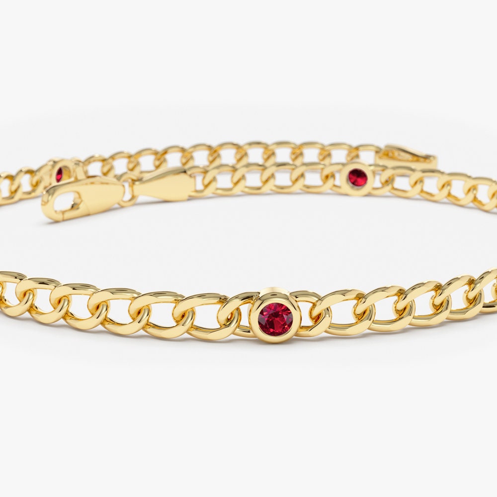 Ruby Bracelet, 14K Gold 3MM Miami Curb Link Chain with Bezel Set Ruby