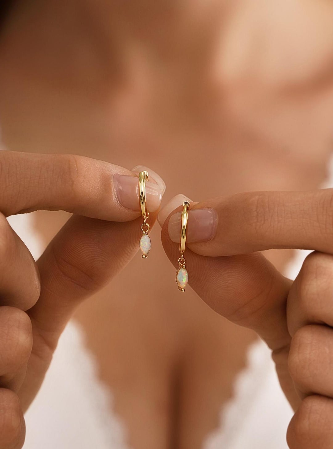 Delicate Opal Hoop Earrings with Minimalist Dangle Huggie Design