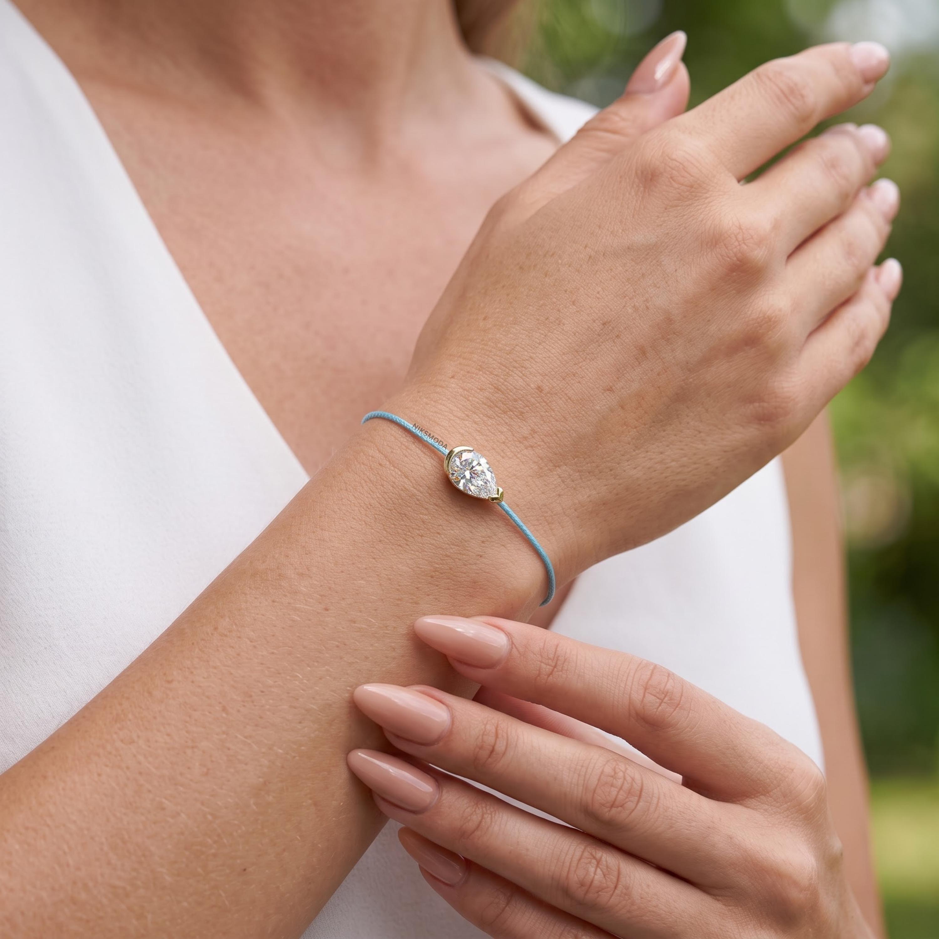 Pear Cut Lab Grown Diamond Bracelet in 925 Sterling Silver with Light Blue Cord