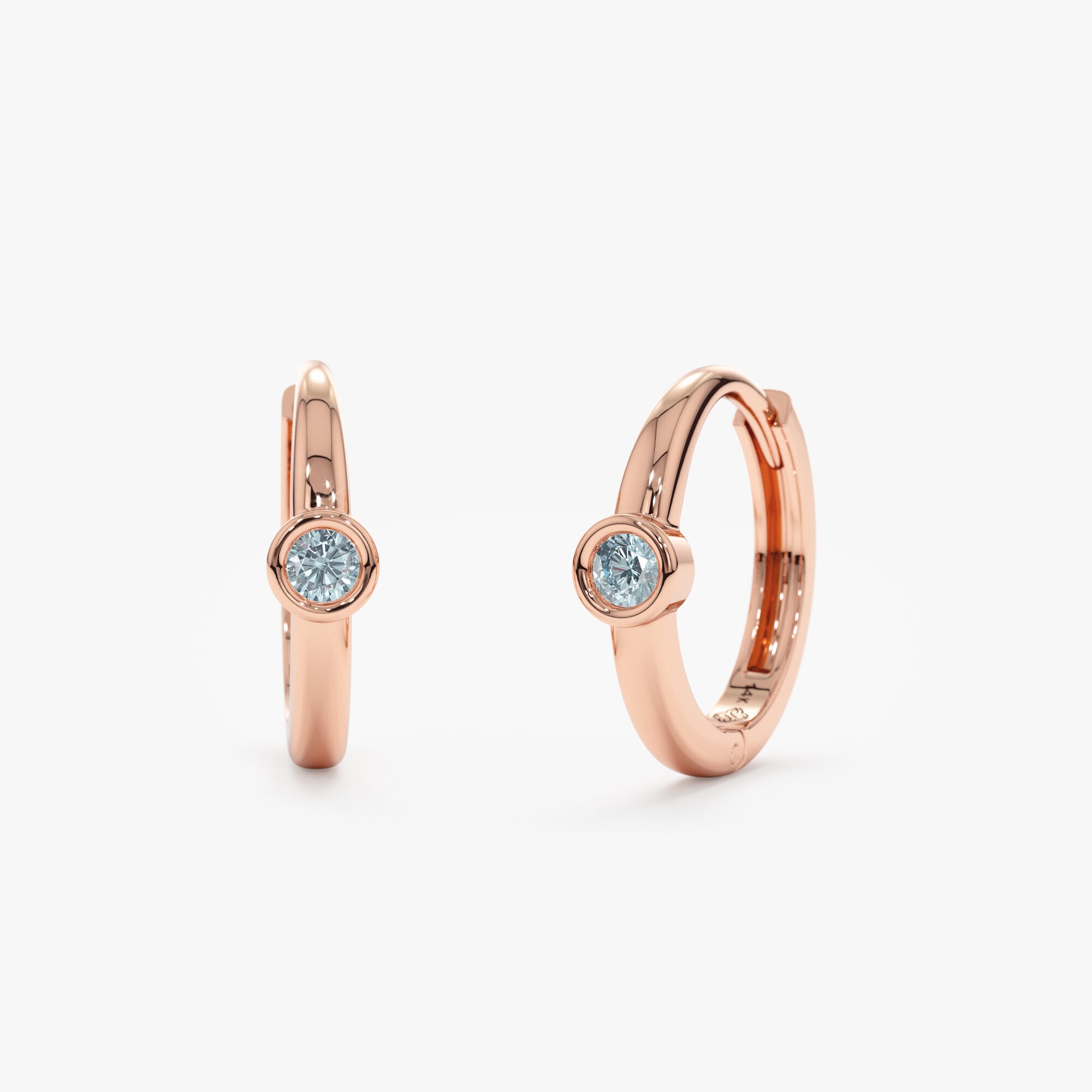14K Solid Gold Aquamarine Huggie Hoop Earrings with Bezel Setting