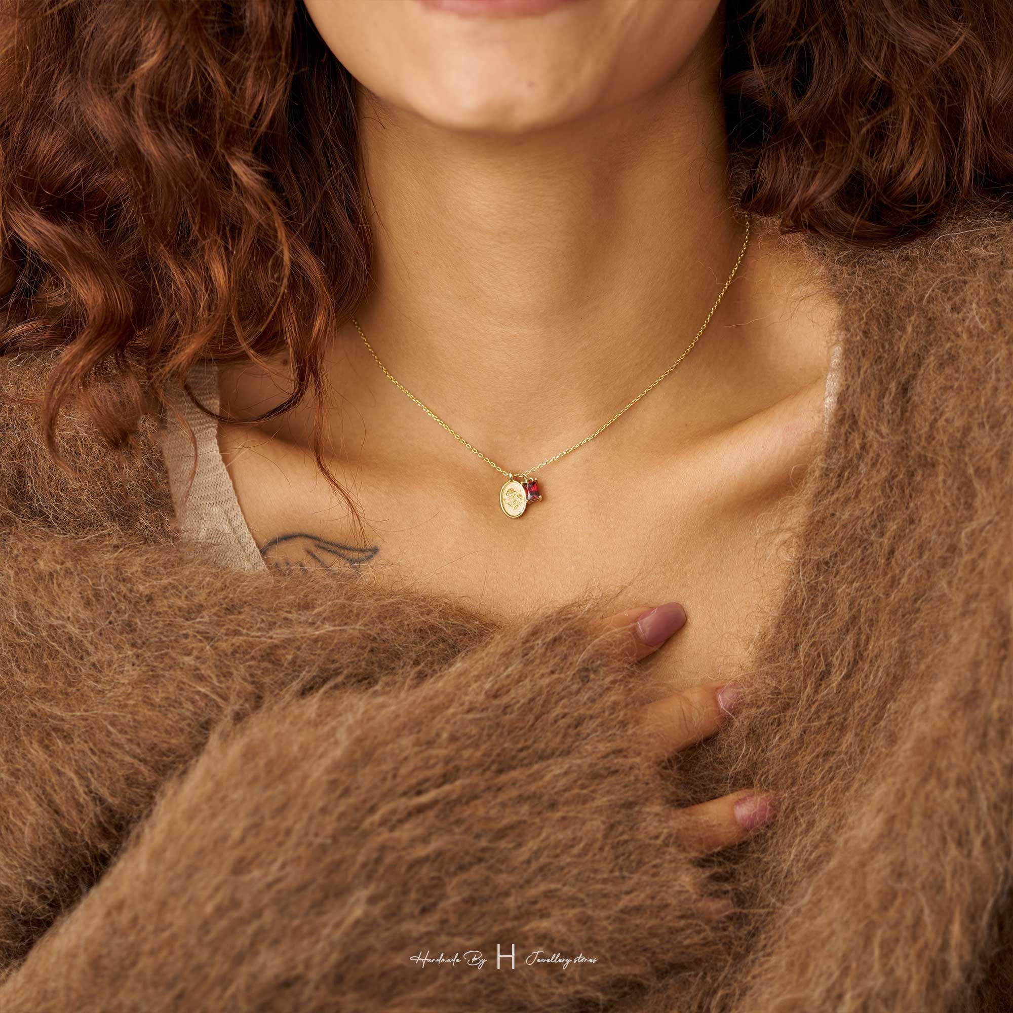 Engraved Birth Flower and Birthstone Necklace