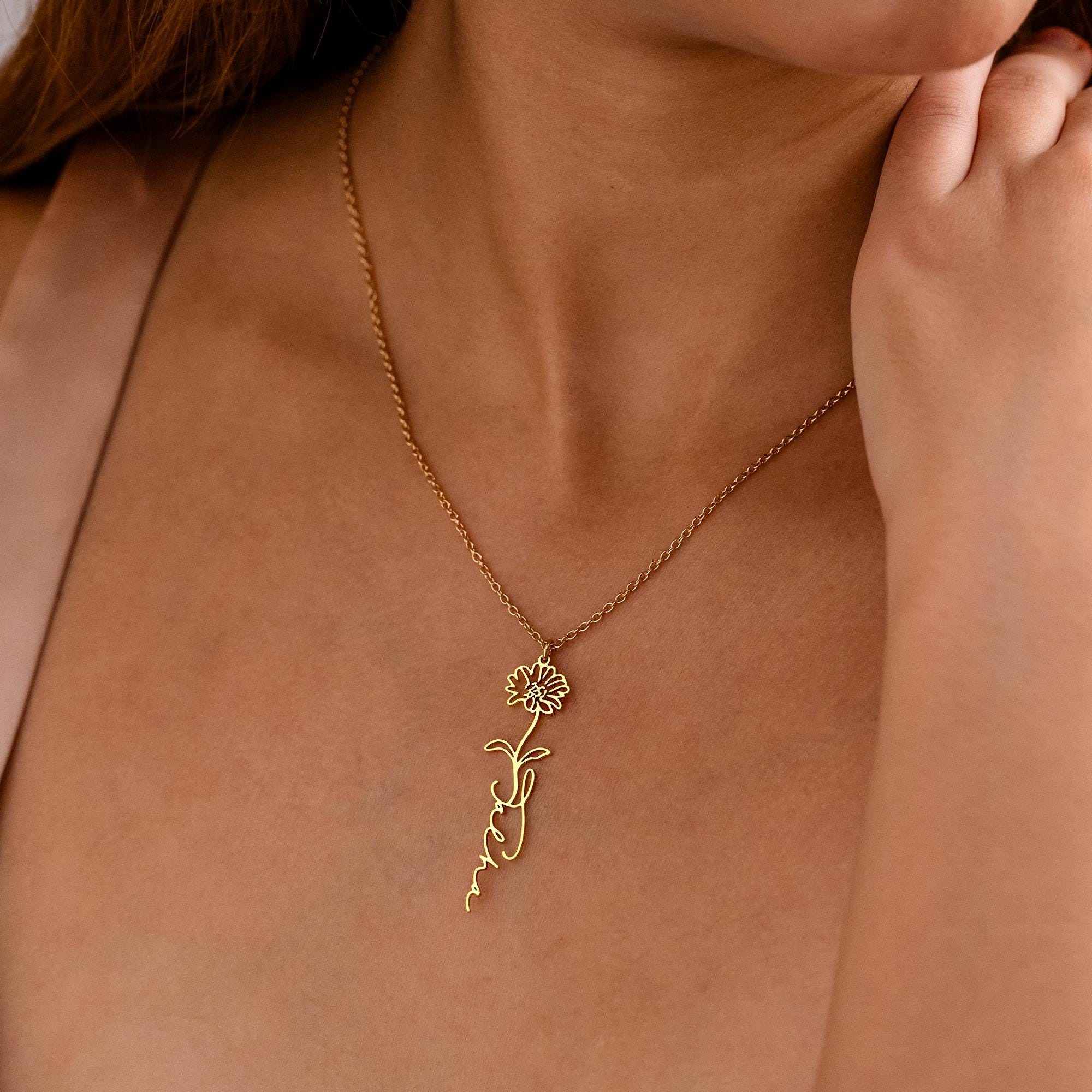 Personalized Name Necklace with Birth Flower Charm