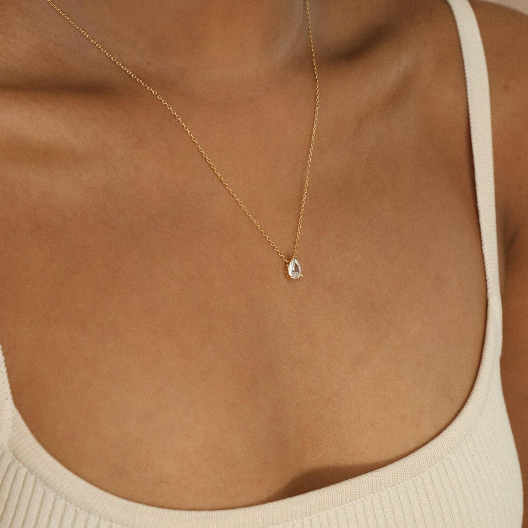 Pear Cut Teardrop Pendant Necklace in 925 Sterling Silver, 18K Gold Plated