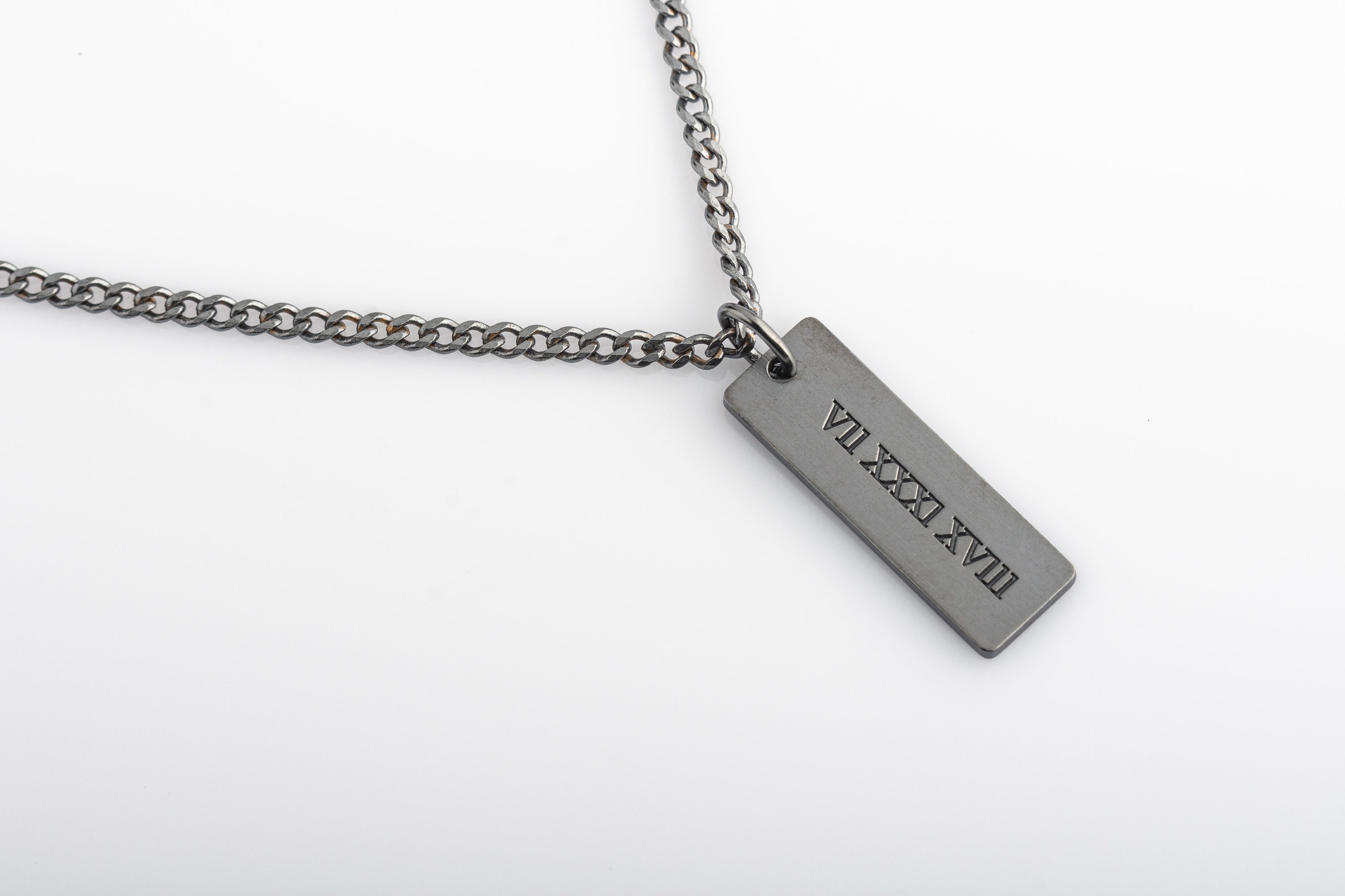 Engraved Sterling Silver Bar Necklace for Men with Curb Chain